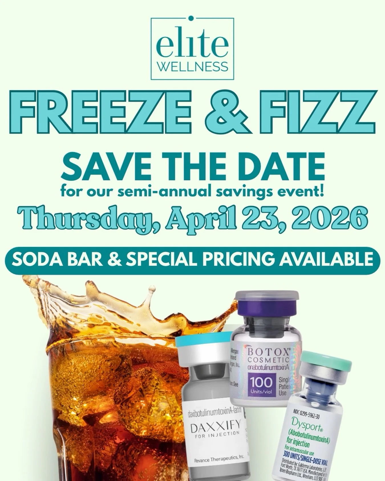 Mark your calendars 🗓️
Our Freeze &amp; Fizz event is coming!

Join us Thursday, April 23 for:
✨ Special pricing on your favorite treatments
🥤 A fun soda bar experience
💉 Botox, Daxxify &amp; Dysport deals you won&rsquo;t want to miss

Trust us&he
