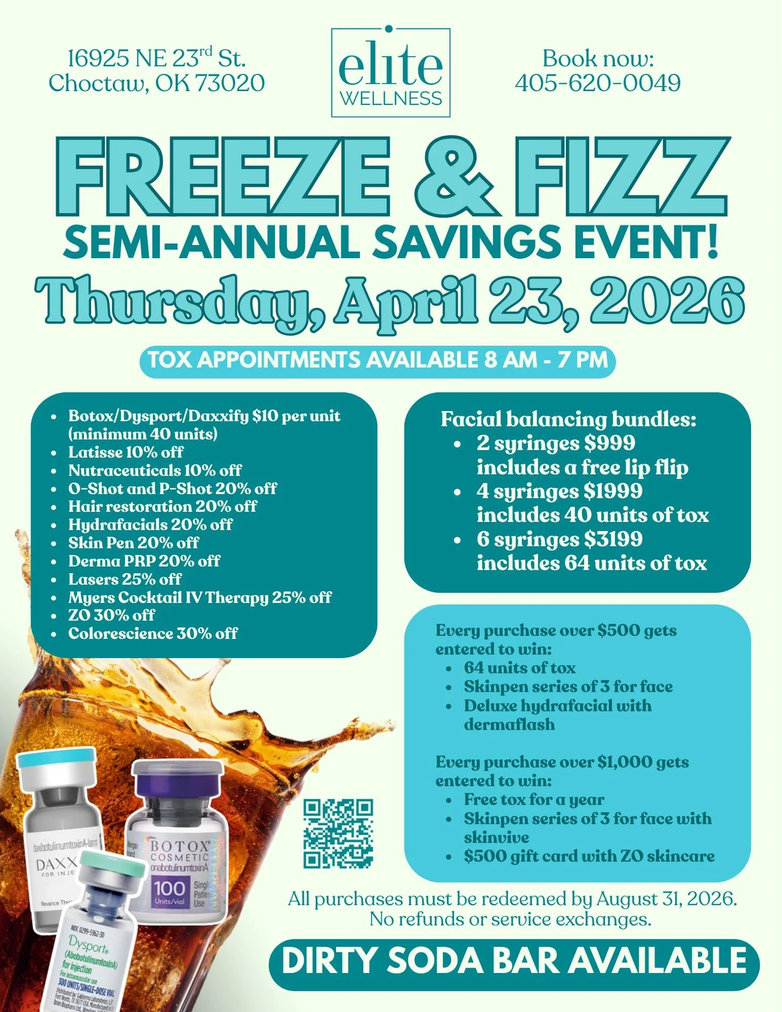 Mark your calendar for our next BIG sale on April 23, 2026 💙

This is your chance to BOOK YOUR TOX, stock up on products, save big on future services, and treat yourself with exclusive pricing on some of our most popular services and products&mdash;