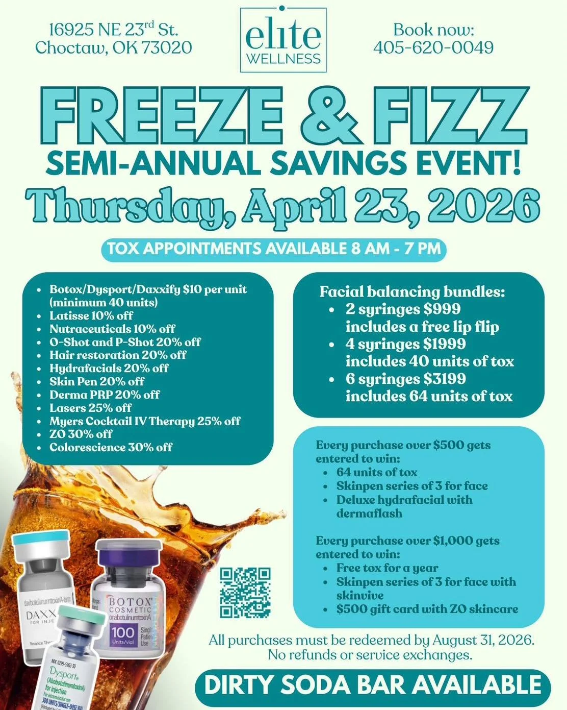 Today&rsquo;s the day ✨

Freeze &amp; Fizz is here and we are ready for you

Tox appointments start at 8 AM and savings are live all day

Walk-ins are welcome, but appointments are highly recommended

Come see us, grab a drink, and take advantage of 