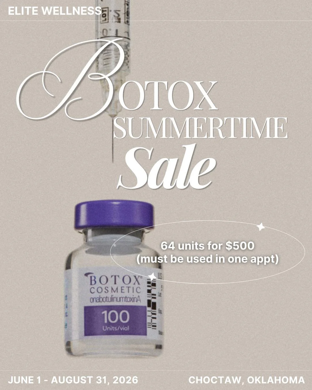 ☀️ Summer plans? Don&rsquo;t forget yourself. ☀️

Smooth out fine lines, refresh your look, and head into the season feeling confident with our Botox Summertime Sale!

💉 64 units for just $500
✨ Must be used in one appointment
📅 Available June 1 &n