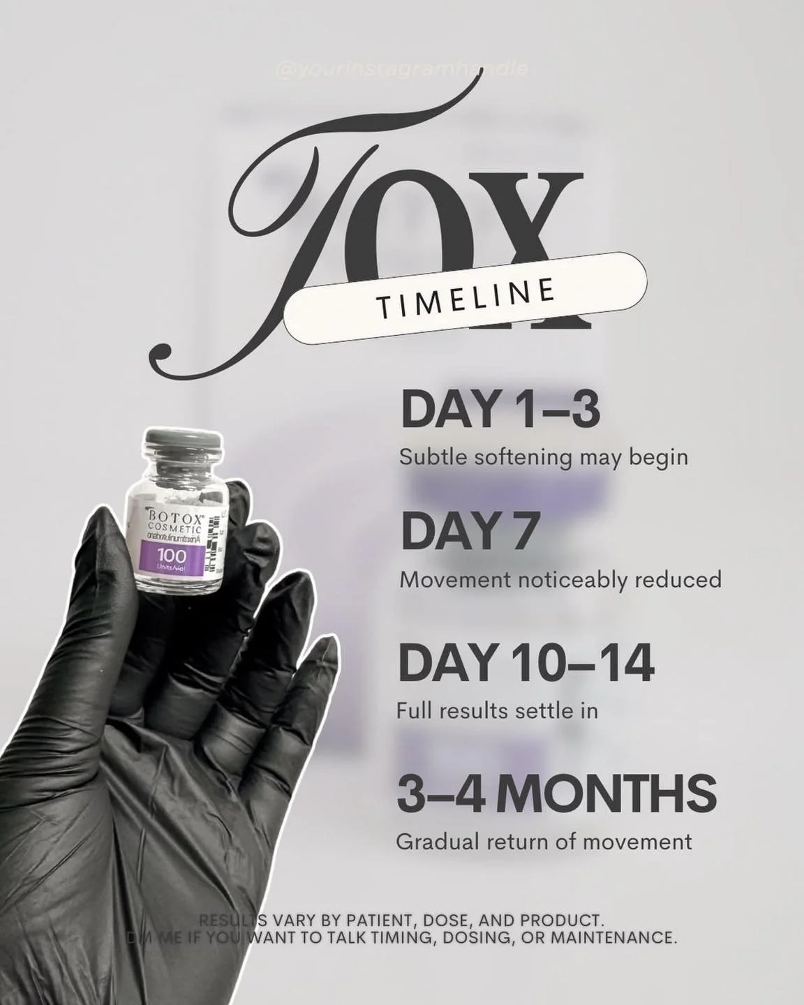 💉 Thinking about Botox? Here&rsquo;s what to expect!

✨ Days 1&ndash;3: You may start noticing subtle softening.
✨ Around Day 7: Movement becomes noticeably reduced.
✨ Days 10&ndash;14: Your full results are typically visible.
✨ 3&ndash;4 Months: Mo