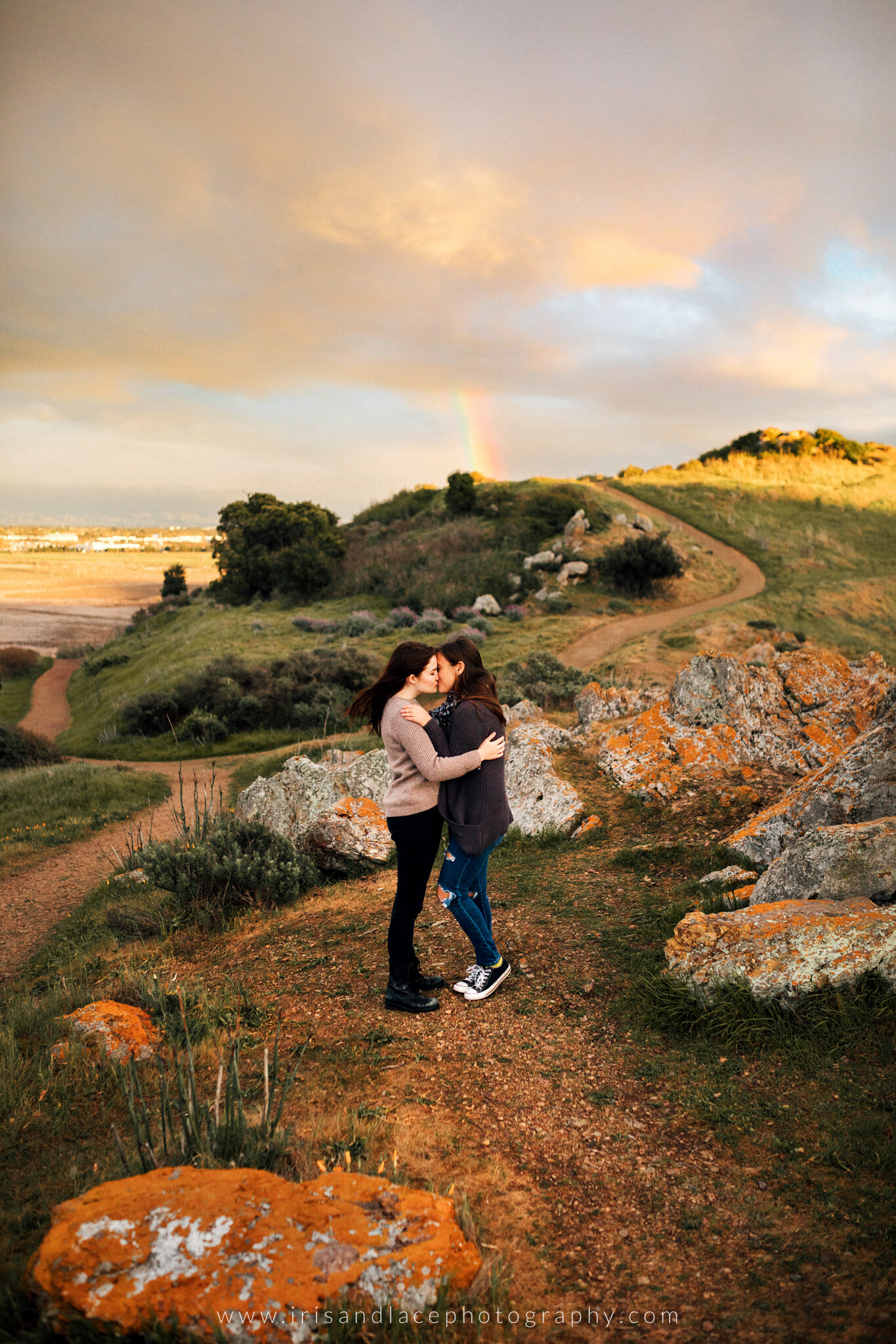 Sunset Engagement Photos with an LGBT Rainbow  |  Same Sex Posing Ideas   |  Iris and Lace Photography