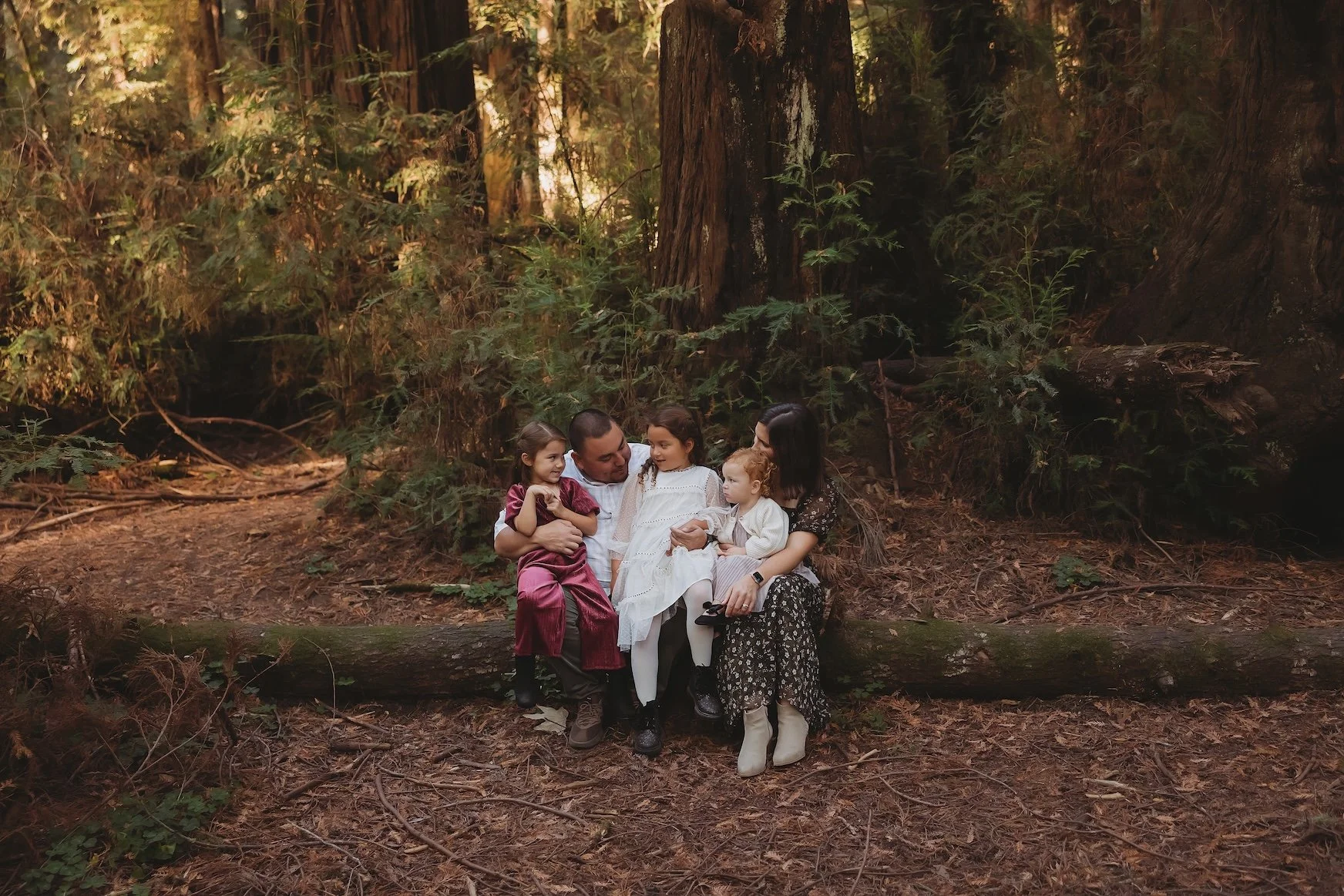 A family of five sitting on a tree log in a forest, consisting of a father, mother, and three children, with tall trees and greenery in the background.