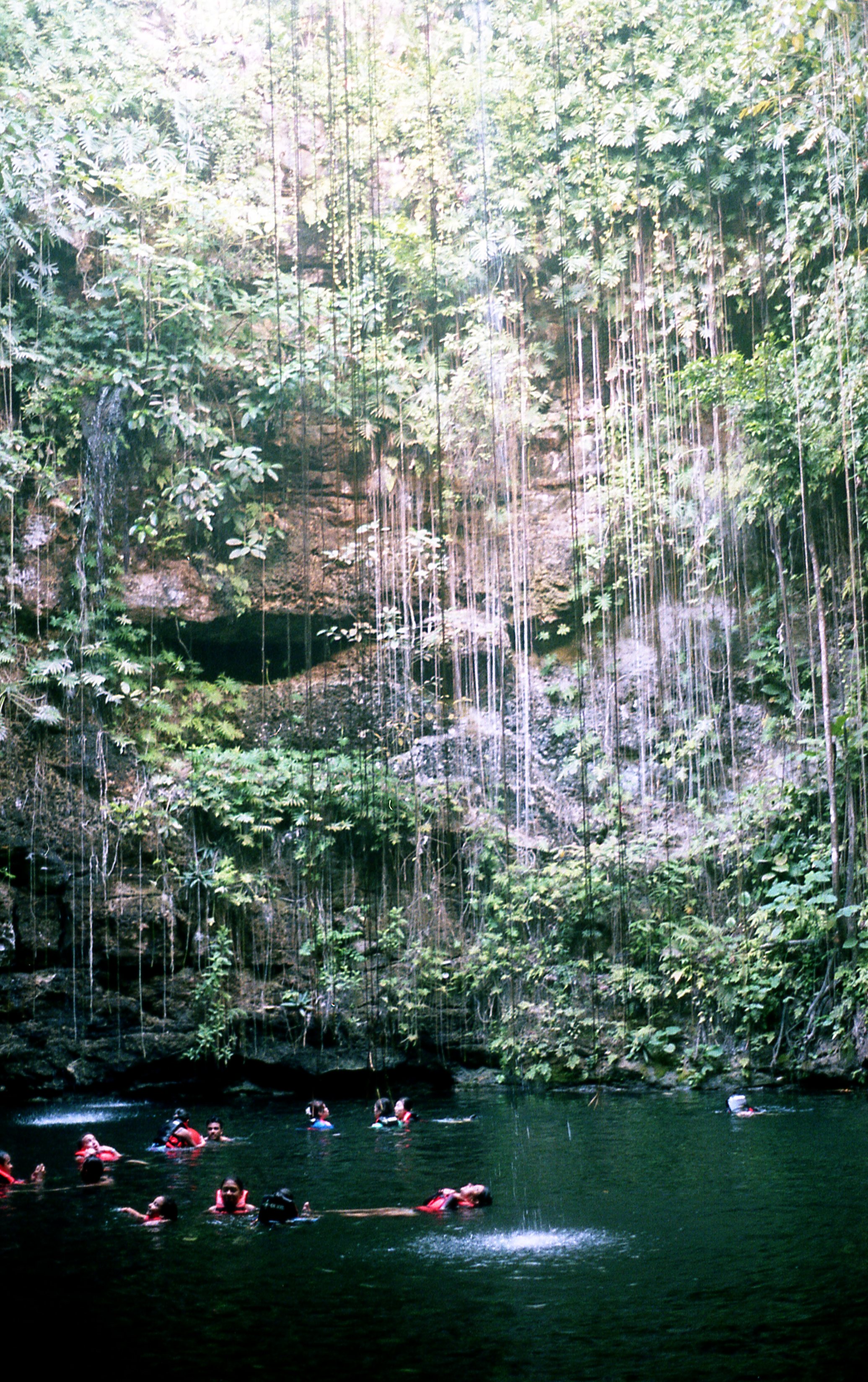 People swimming in a dark water pool beneath a high, narrow waterfall surrounded by lush green tropical foliage.