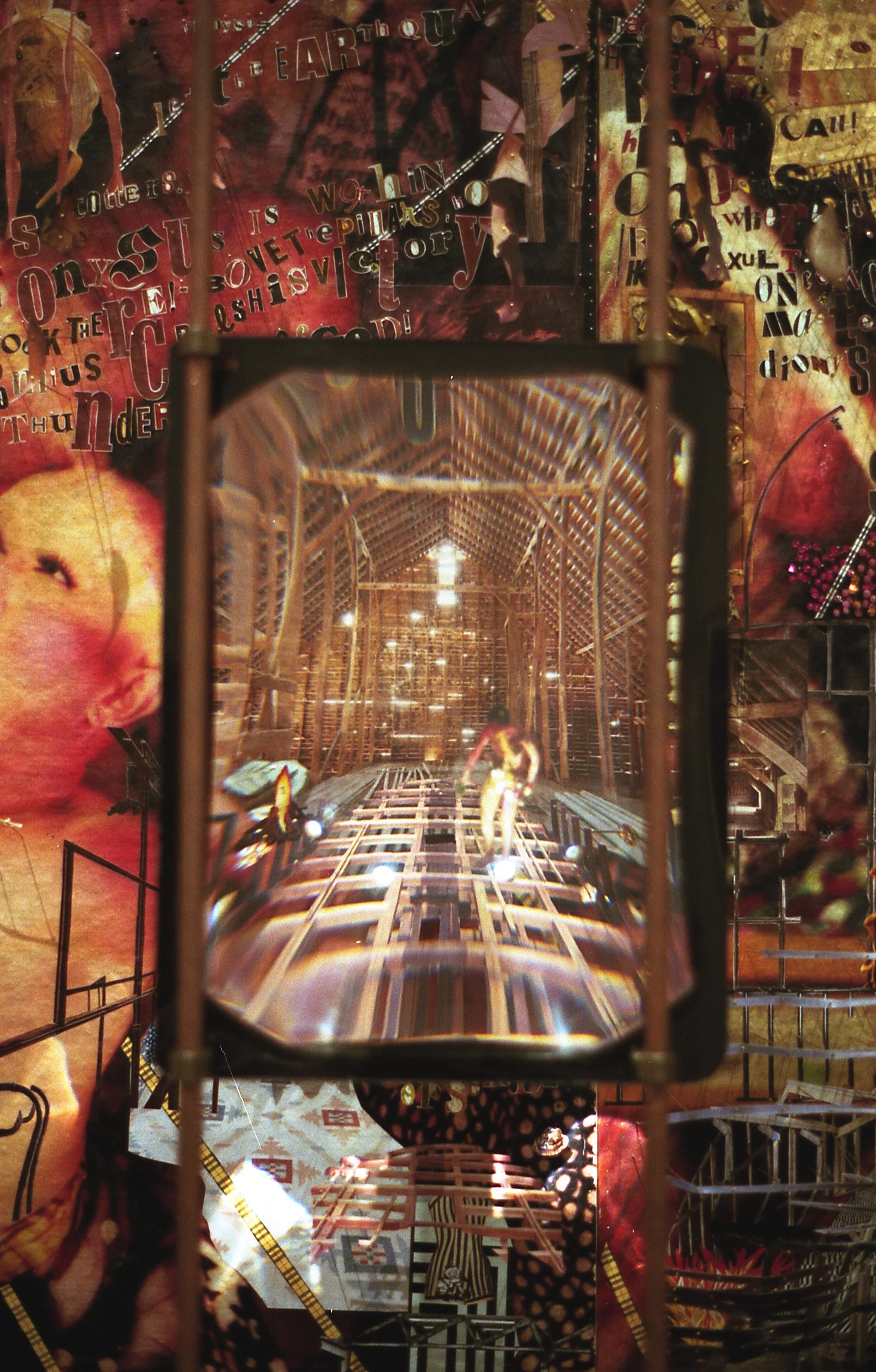 Multilayered collage with a textured background, featuring text, images, and a central object reflecting architectural elements and a person walking.