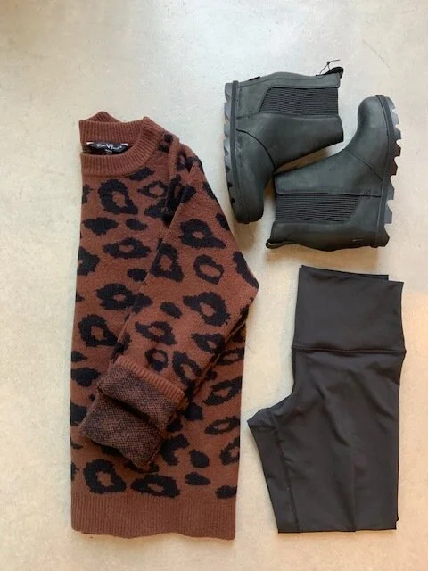 Leopard print sweater, black leggings & Sorel wedges