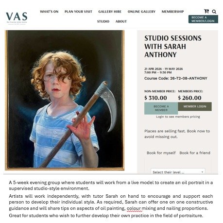 If you are wanting to further develop your practice in oil portraiture, consider joining my upcoming evening class at the Victorian Artists Society.

Tuesday 23rd April - 19th May, 7pm -9.30pm. 

Description
A 5-week evening group where students will