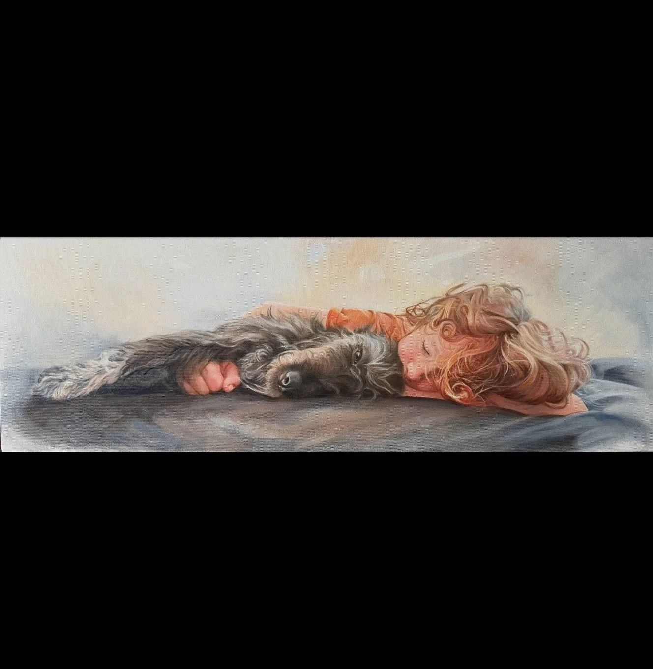 I can&rsquo;t resist painting my children asleep. This kid is beautiful of course, but to me his careless, relaxed slumber means that right now, he is safe. 

As I watched over him snuggled up with our ever watchful dog, sirens were screaming in dist
