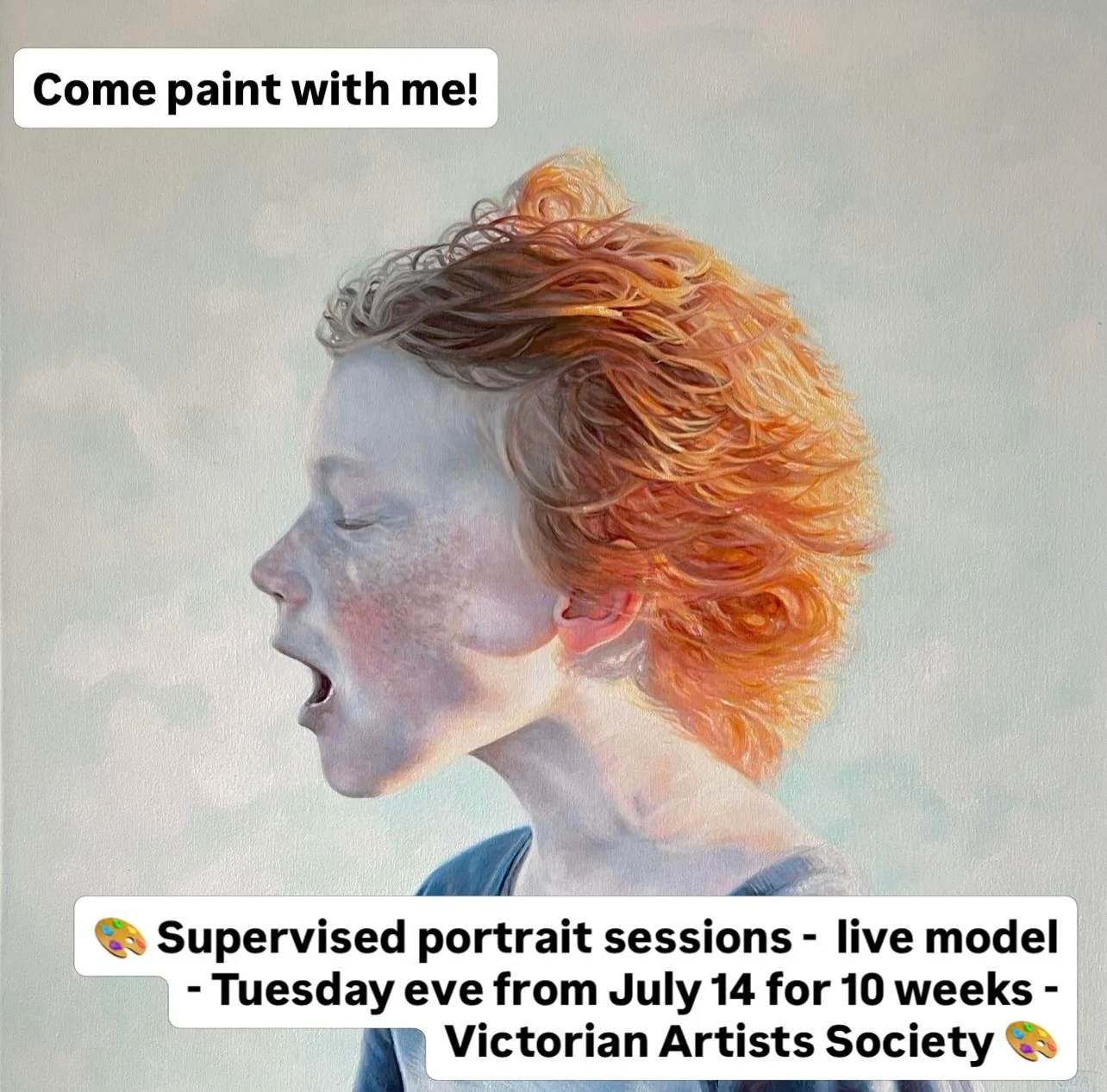 Studio sessions with Sarah Anthony

Tuesday evenings 7-9.30
July 14th to Sept 15th inclusive 
Victorian Artist&rsquo;s Society, East Melbourne. 

An evening group where students will work from a live model to create an oil portrait in a supervised st