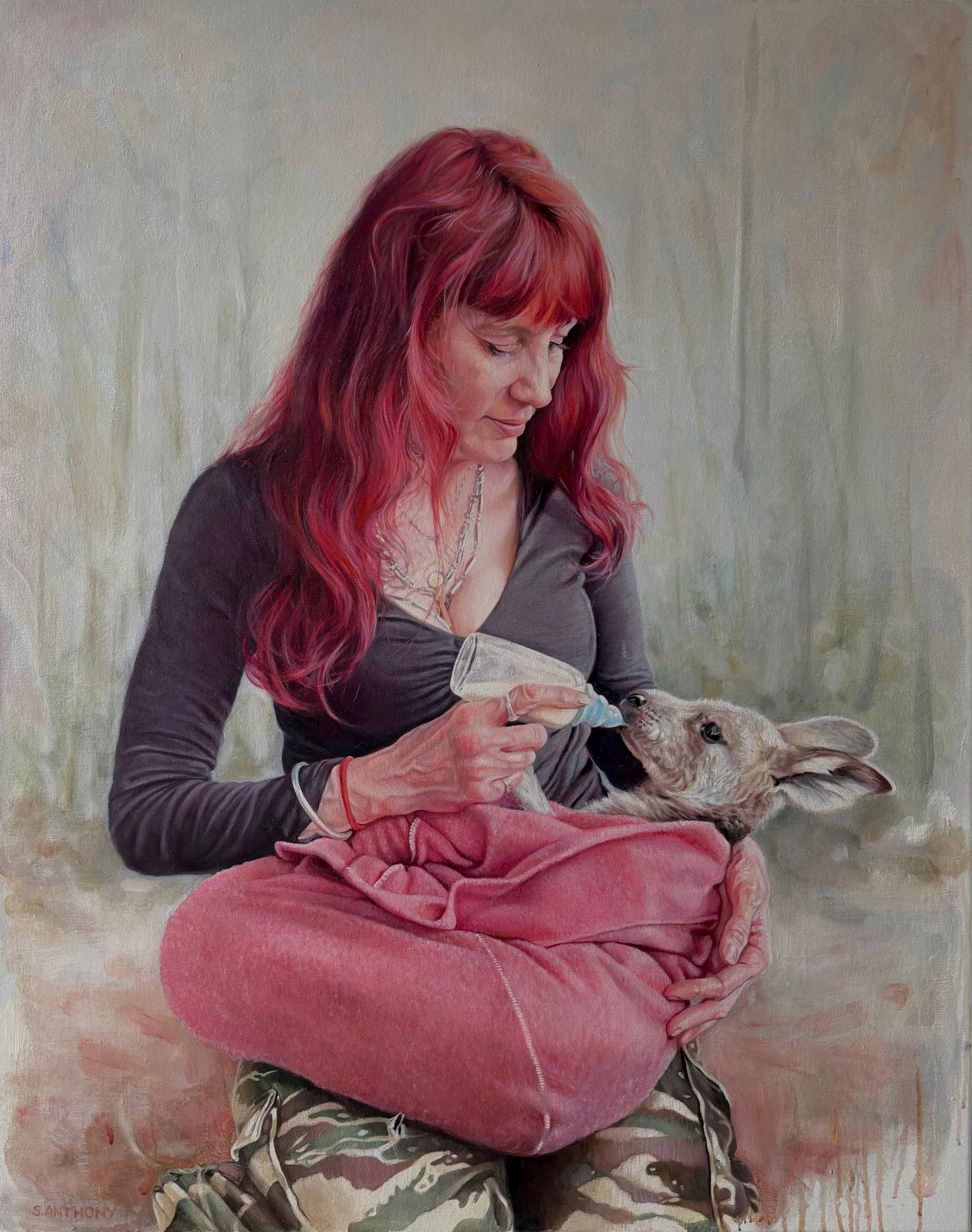 This painting is of my lovely mate Helen Round who is a wildlife rescuer, carer and CADS activist. 

Helen spent 12 years running East Trentham Wildlife Sanctuary &lsquo;rearing, repairing and rehabilitating kangaroos&rsquo;, in her words. 

Wildlife