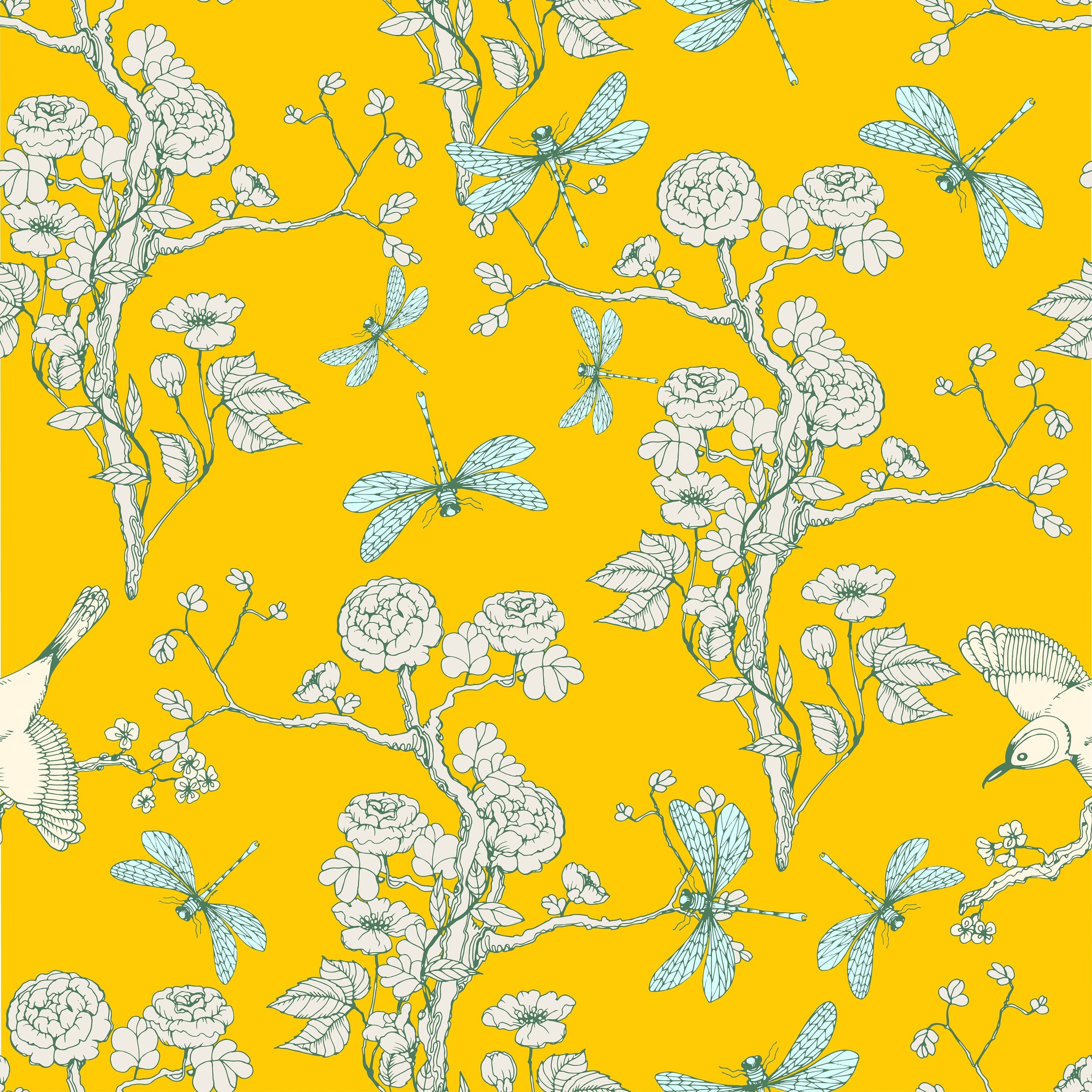 MINT Yellow Chinoiserie Tissue Paper or Decoupage Paper (Mint by Michelle) - (3 Sheets - 13.8" x 13.8" inches) 1.00 Shipping Available