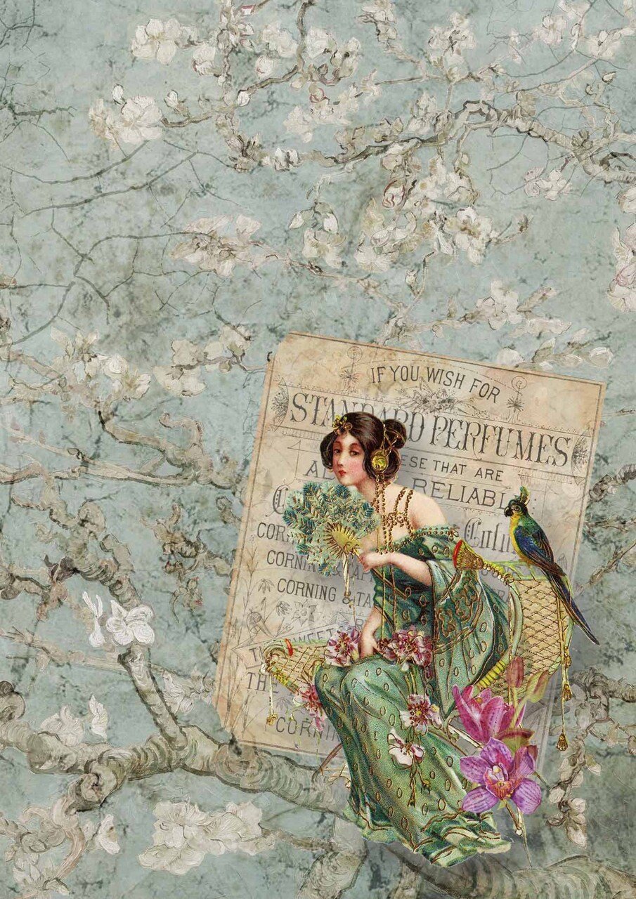 Decoupage Rice Paper- Sweet Perfume - Decoupage Paper french country floral orchid lace branches pink parrot