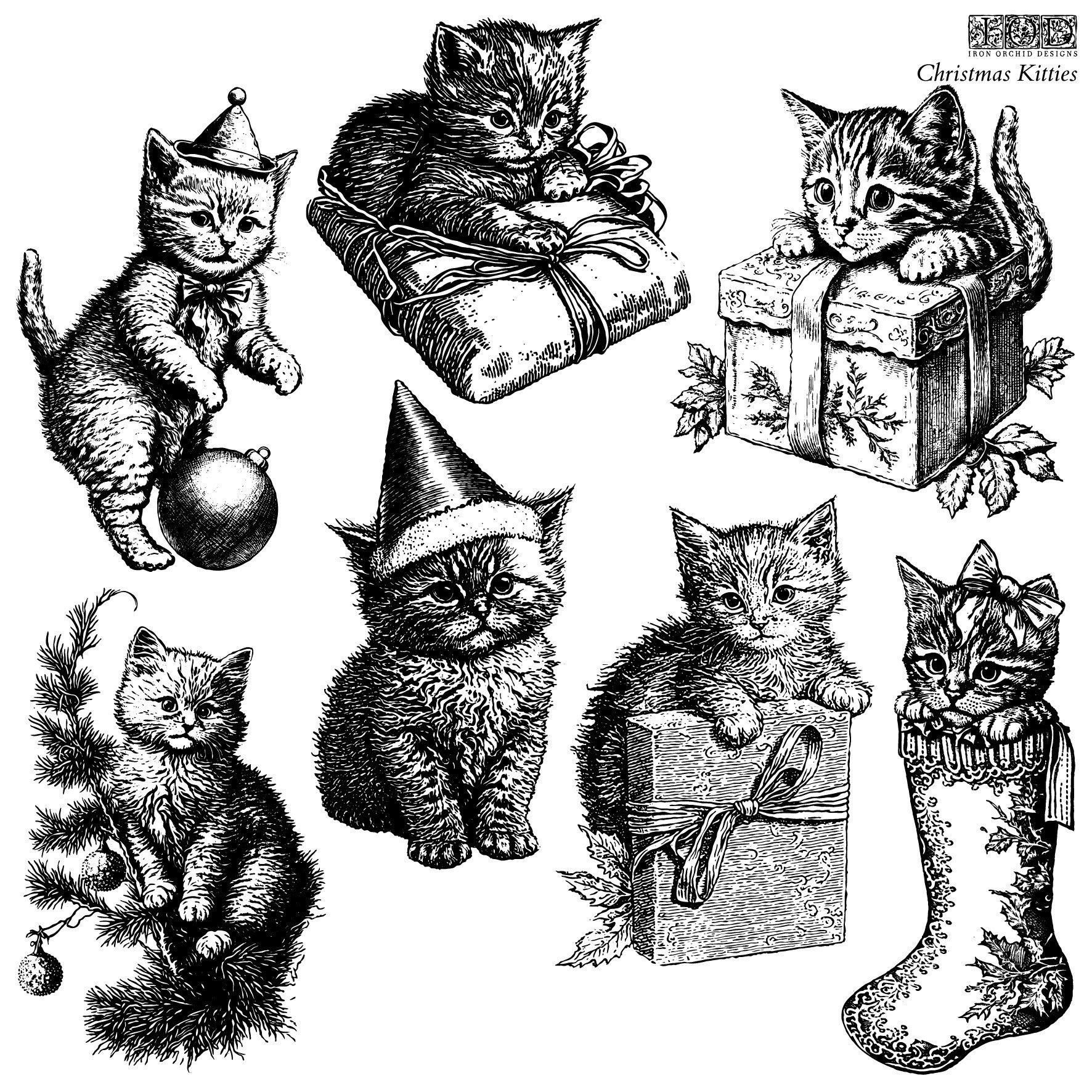 Christmas Kitties - Limited Christmas 2023 - 12 x 12 Decor IOD Stamp - Sheet