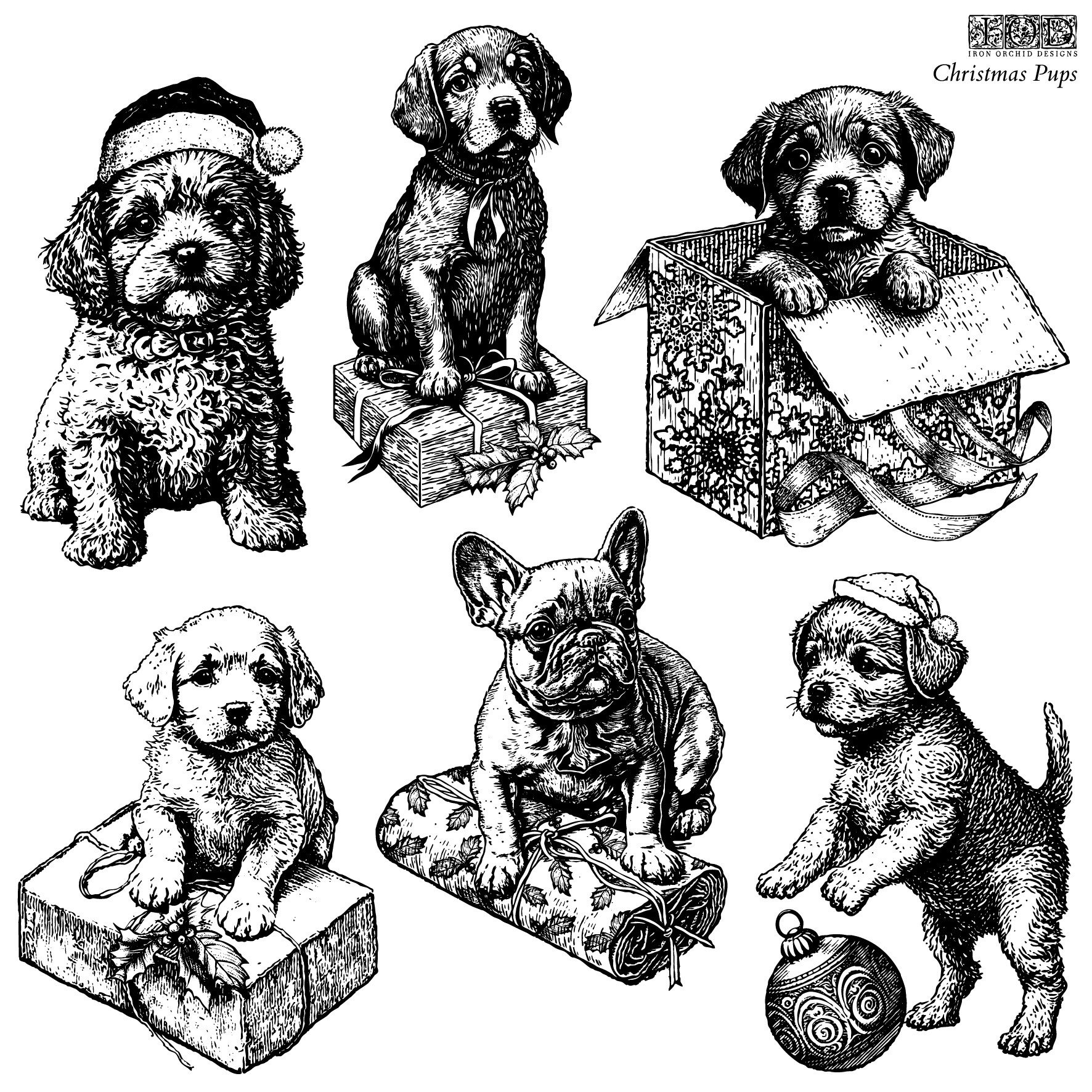 Christmas Pups - Limited Christmas 2023 - 12 x 12 Decor IOD Stamp - Sheet