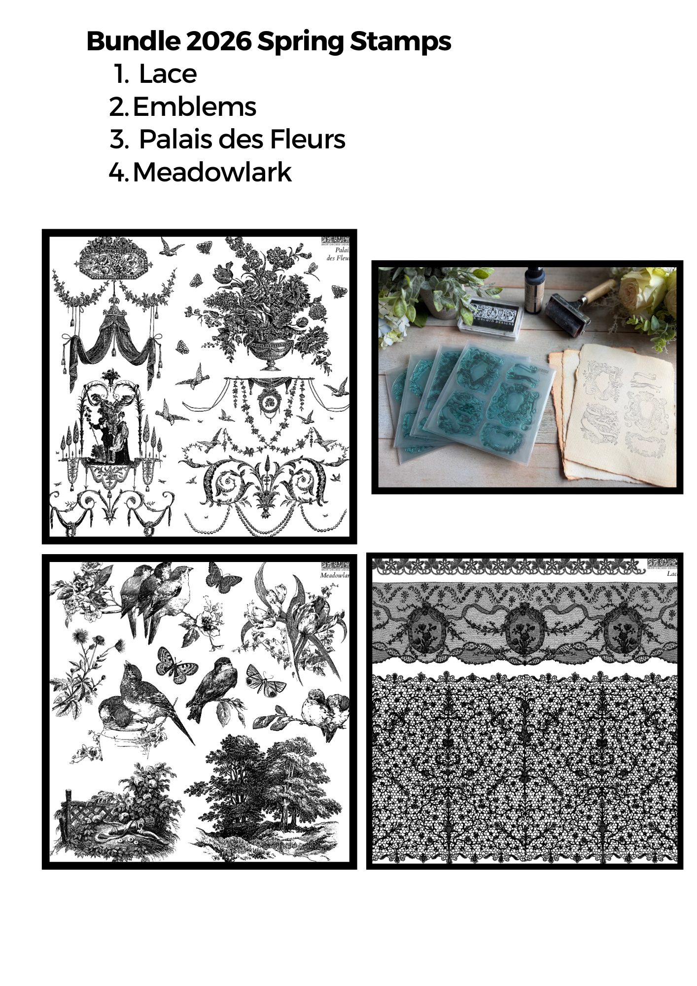 BUNDLE Set of Four IOD Stamps NEW Spring 2026  | Lace | Meadowlark  | Palais des Fleurs | Emblems 6x6 set of 4 stamp