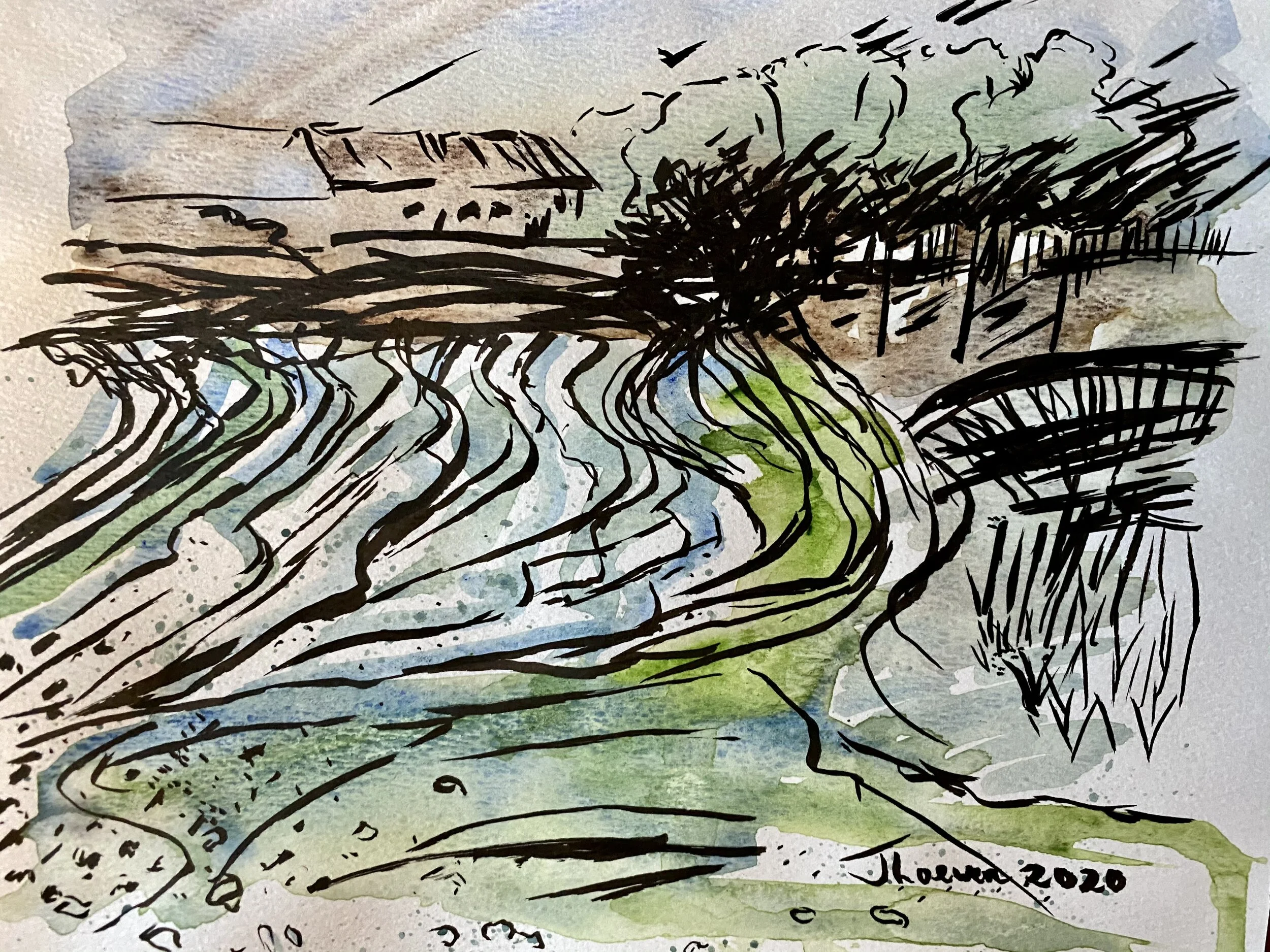 Fall rain on fields. Watercolour landscape, Orangeville, Ontario.