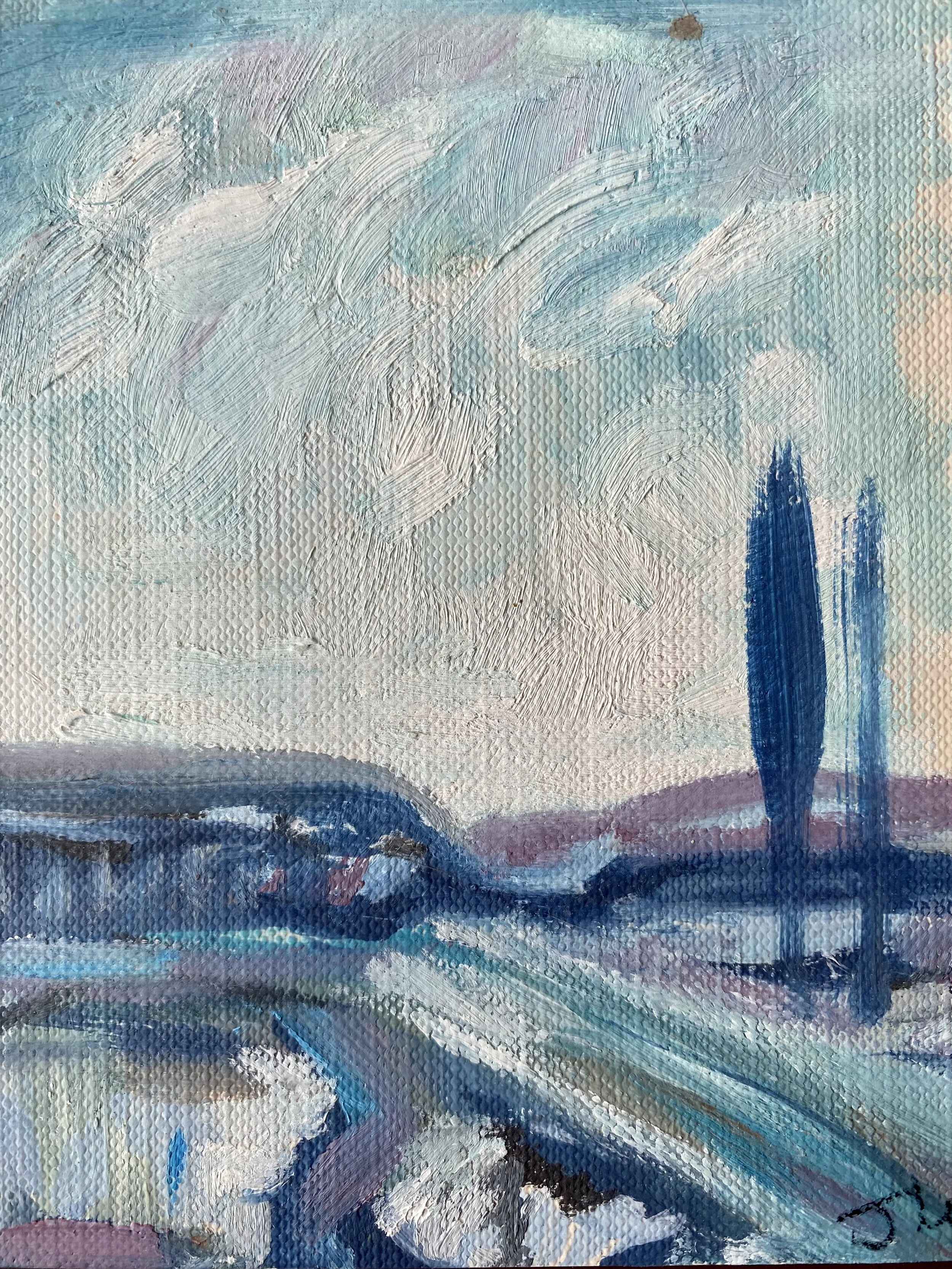 Blue trees. Watercolour landscape, Creemore, Ontario.