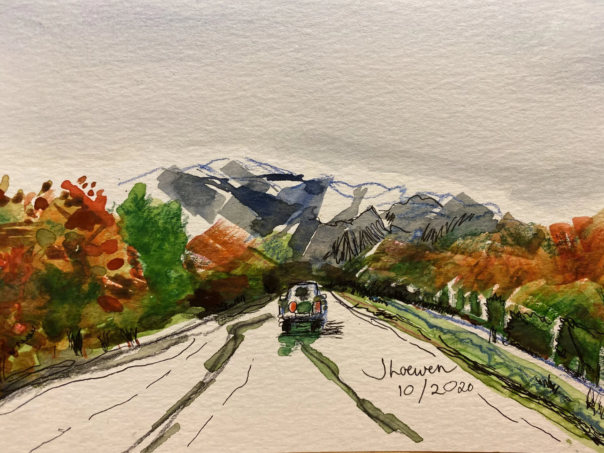 Fall colours road trip. Watercolour landscape, Collingwood, Ontario.