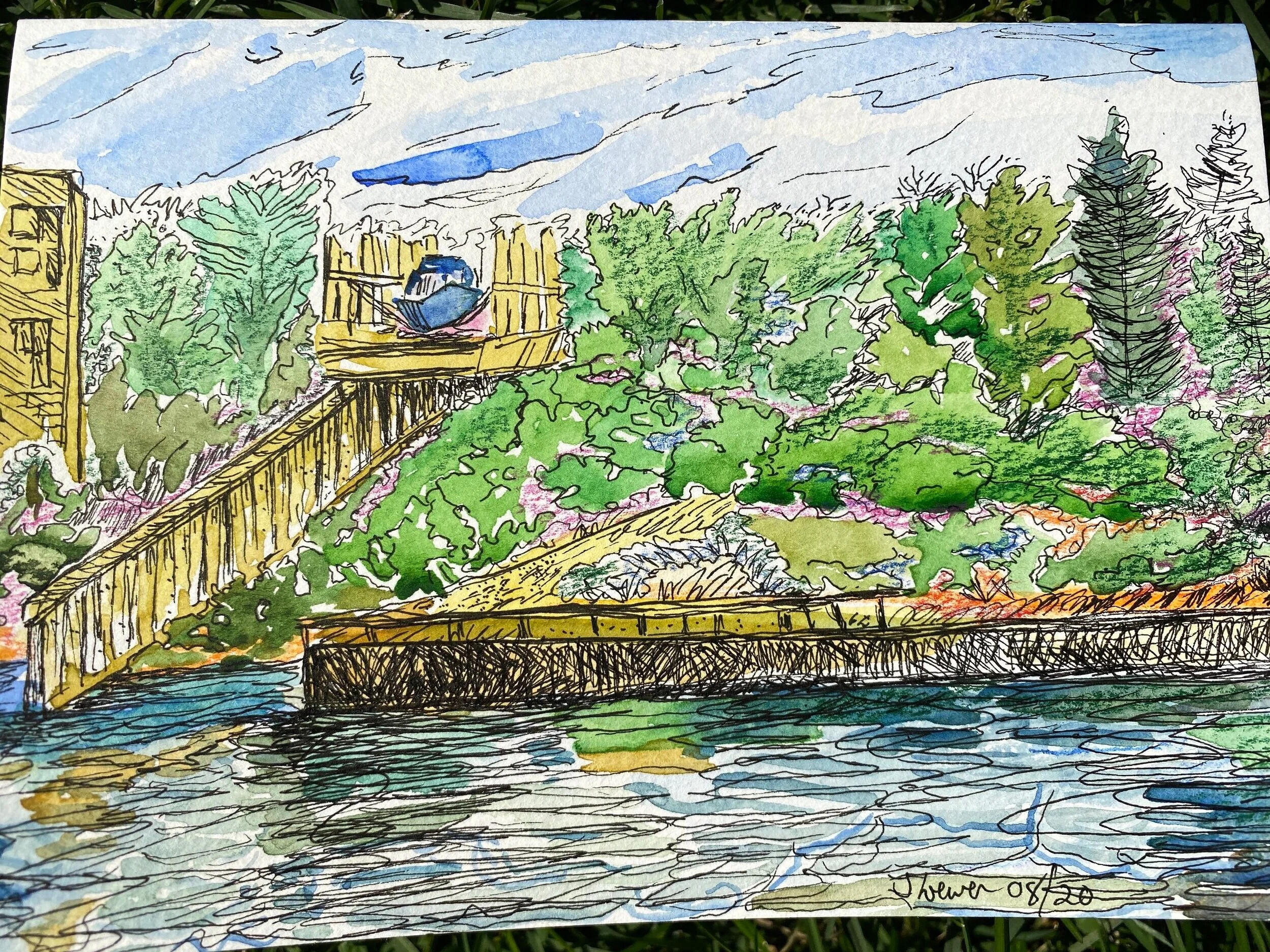 Big Chute Marine railway lock. Watercolour, Severn River, Ontario