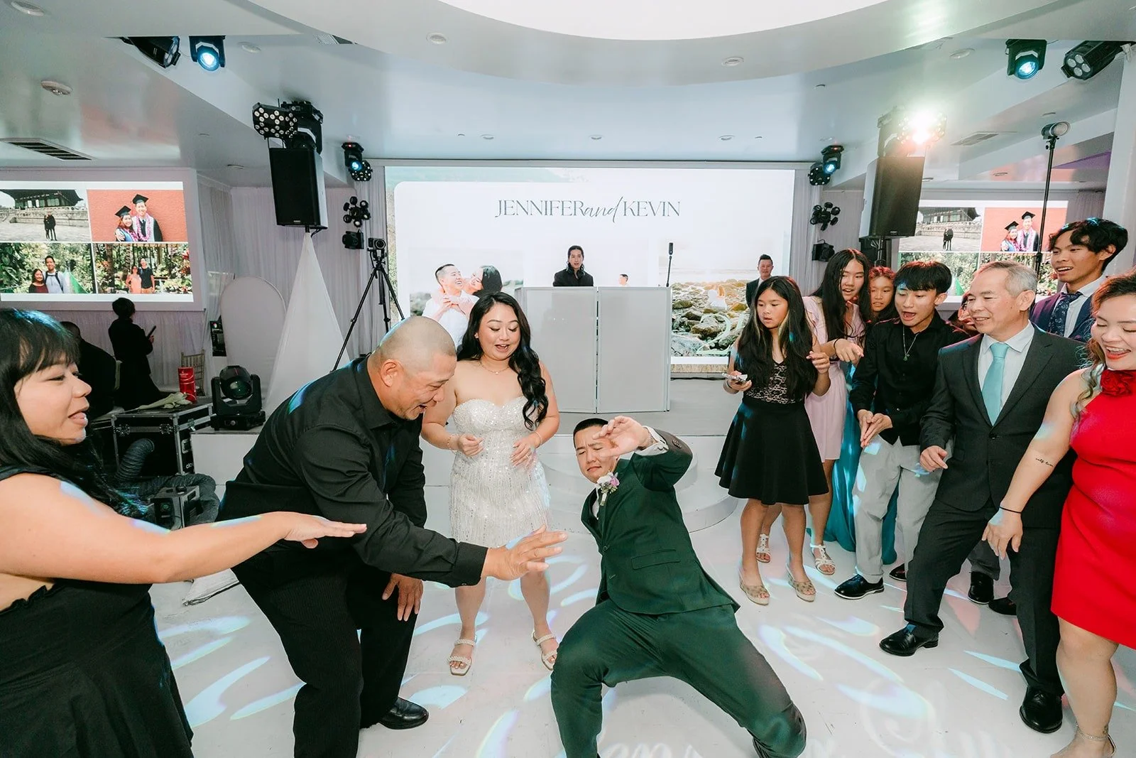 Kevin and his groomsmen show off their moves on the dance floor