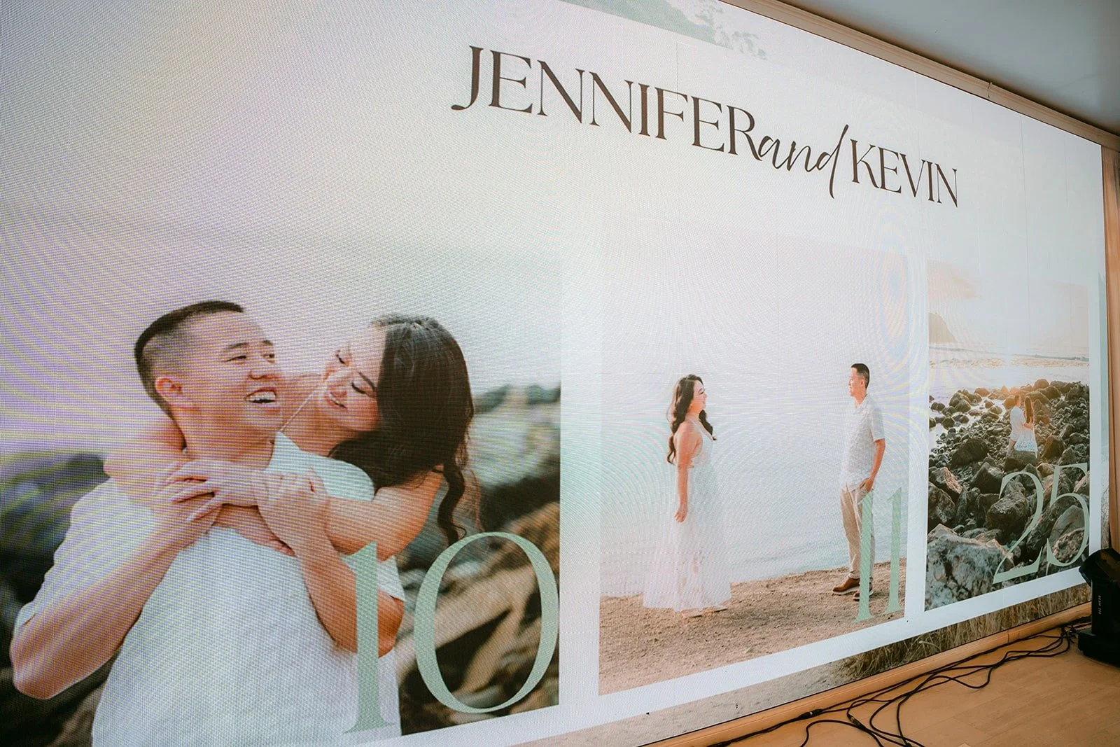A screen shows Jennifer and Kevin's engagement photos in the dining room
