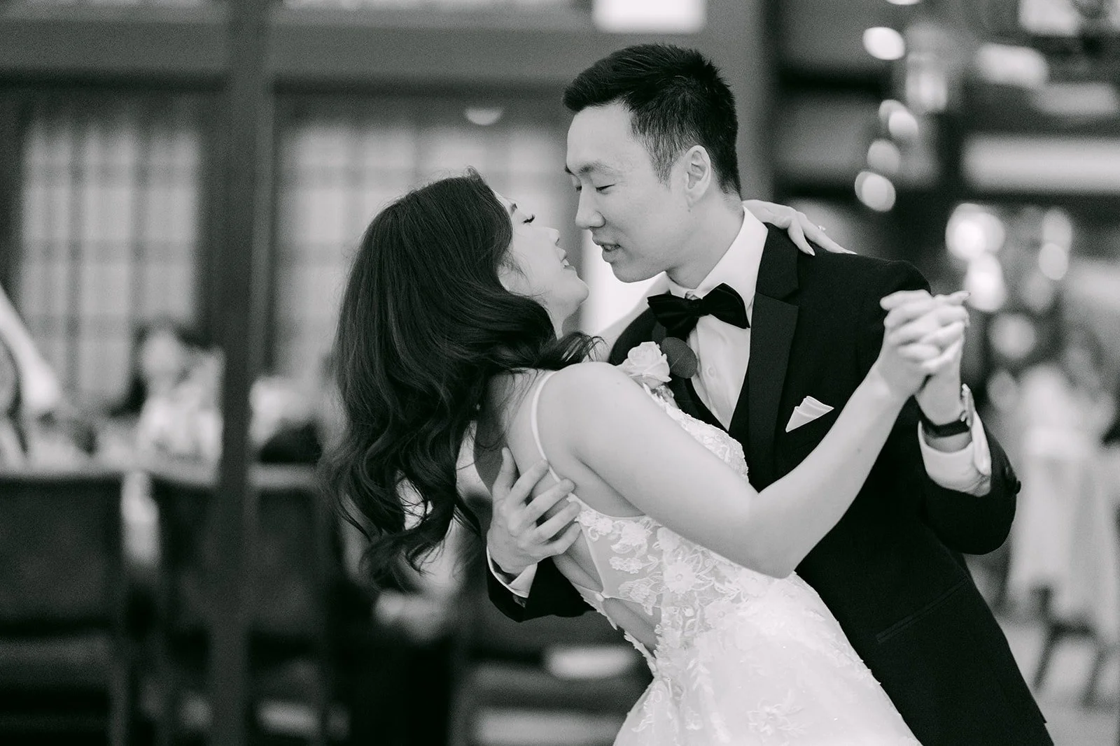 Black and white photo of Valerie and Jason dancing nose to nose