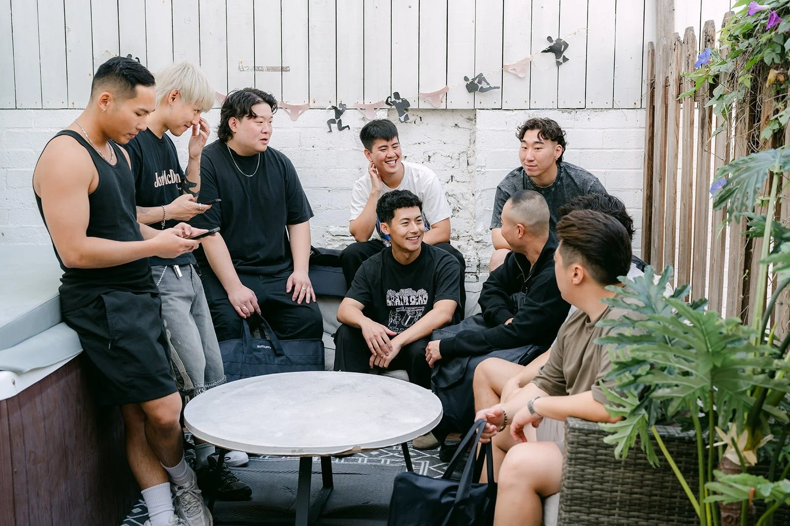 Richard and the guys hanging out on the patio before getting dressed