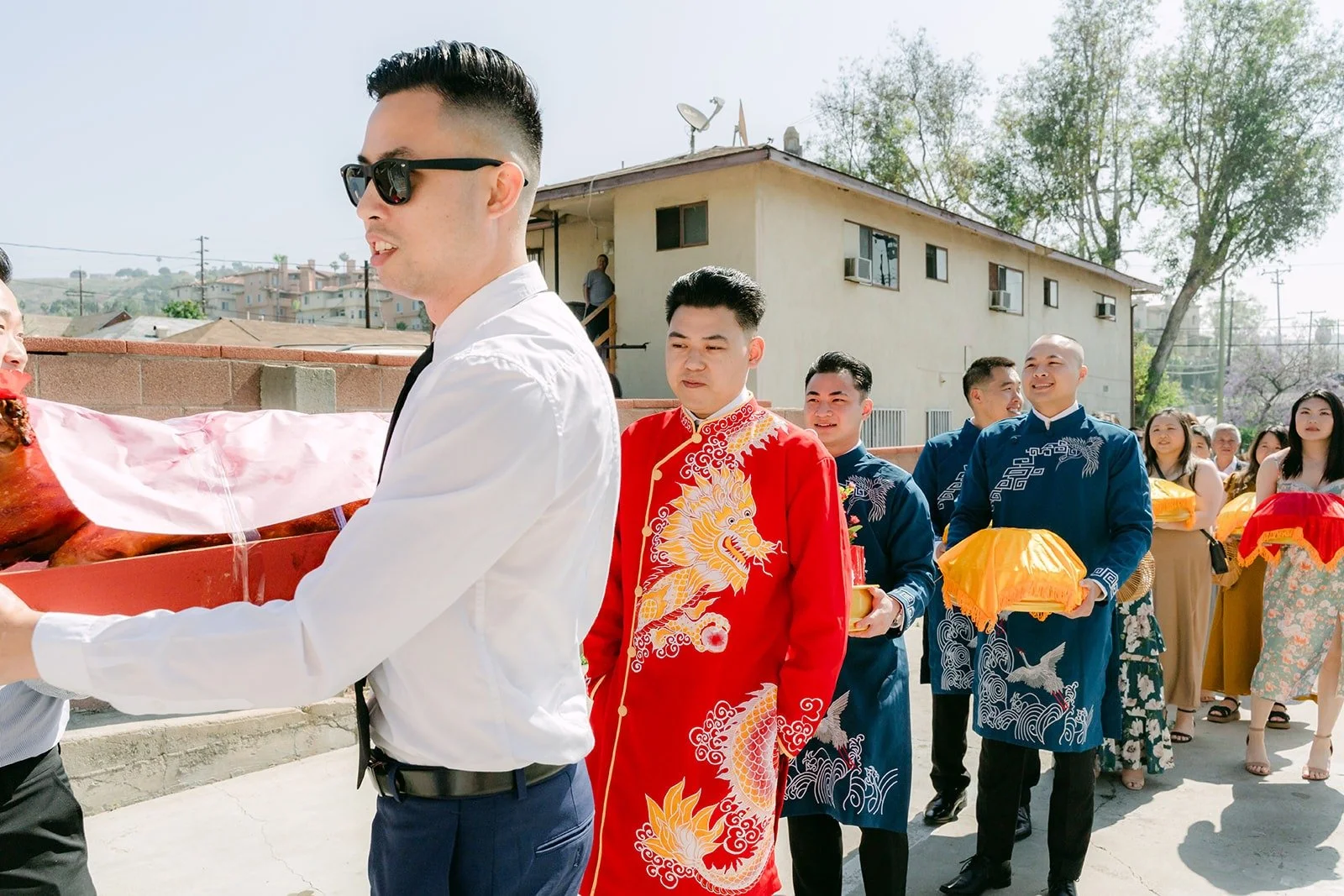 Vincent arriving with his groomsmen for the door games