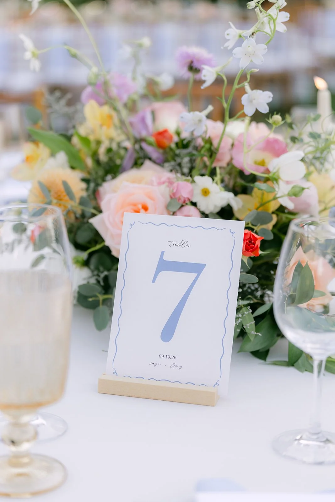 Table number seven with a colorful garden centerpiece