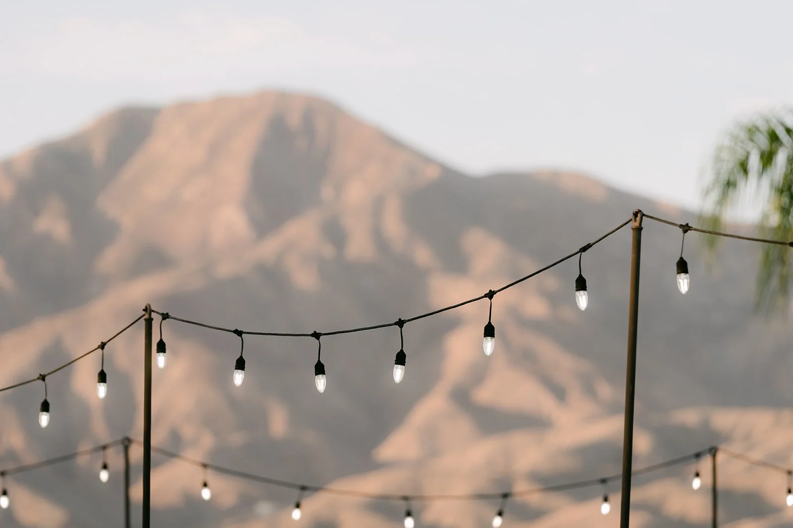 The mountains at sunset beyond the string lights.