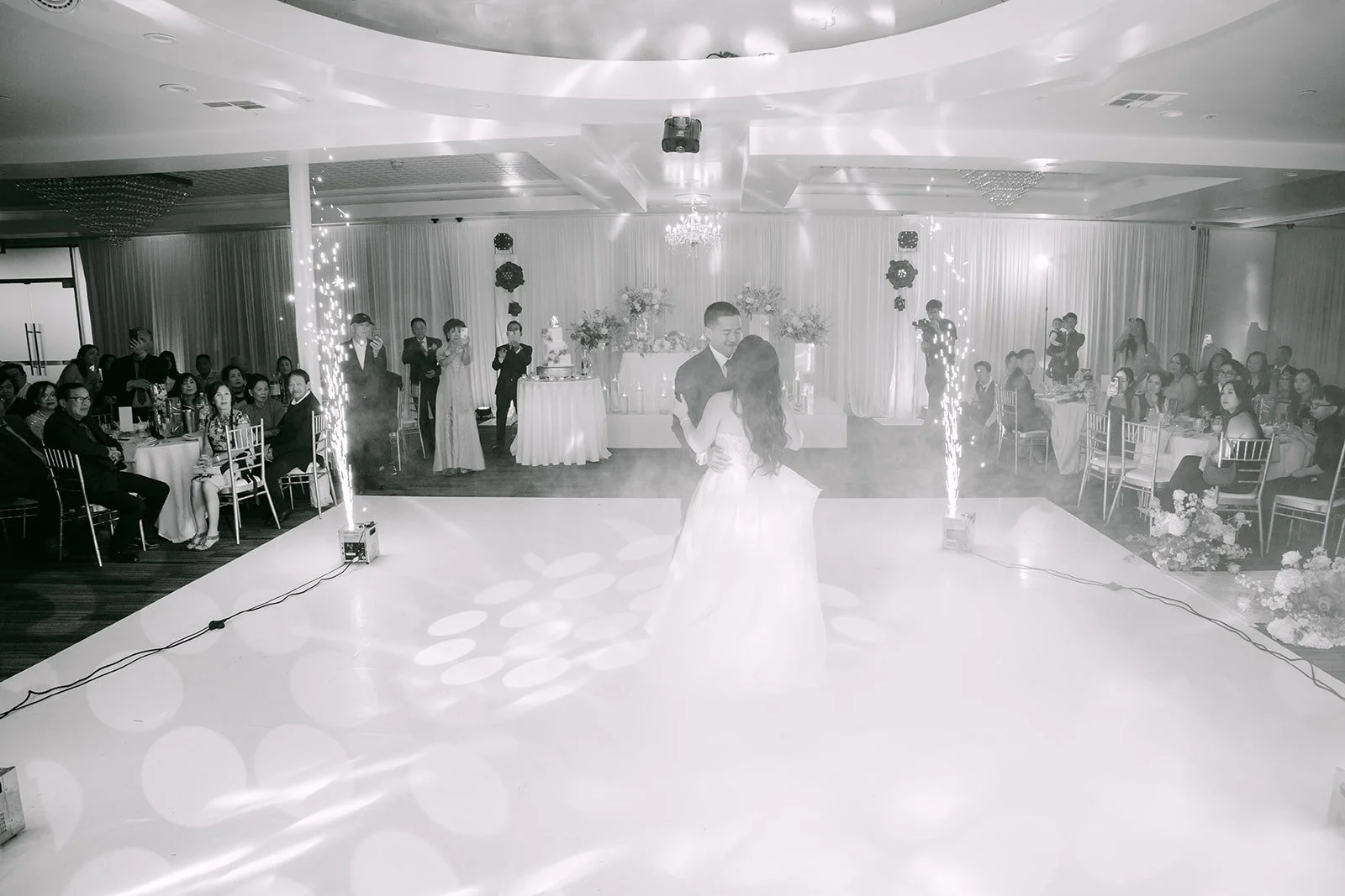 Jennifer and Kevin dance in a low cloud of fog, photographed by One and Only Production