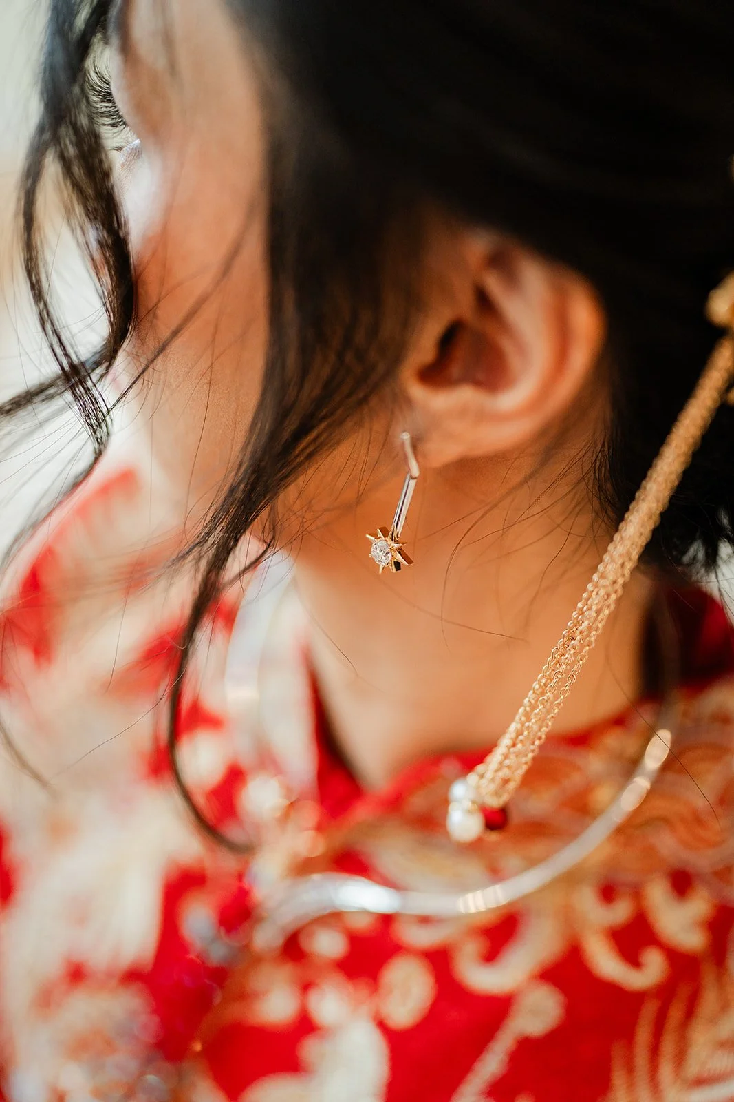 Close up of Bridgette's earring and hair pins.