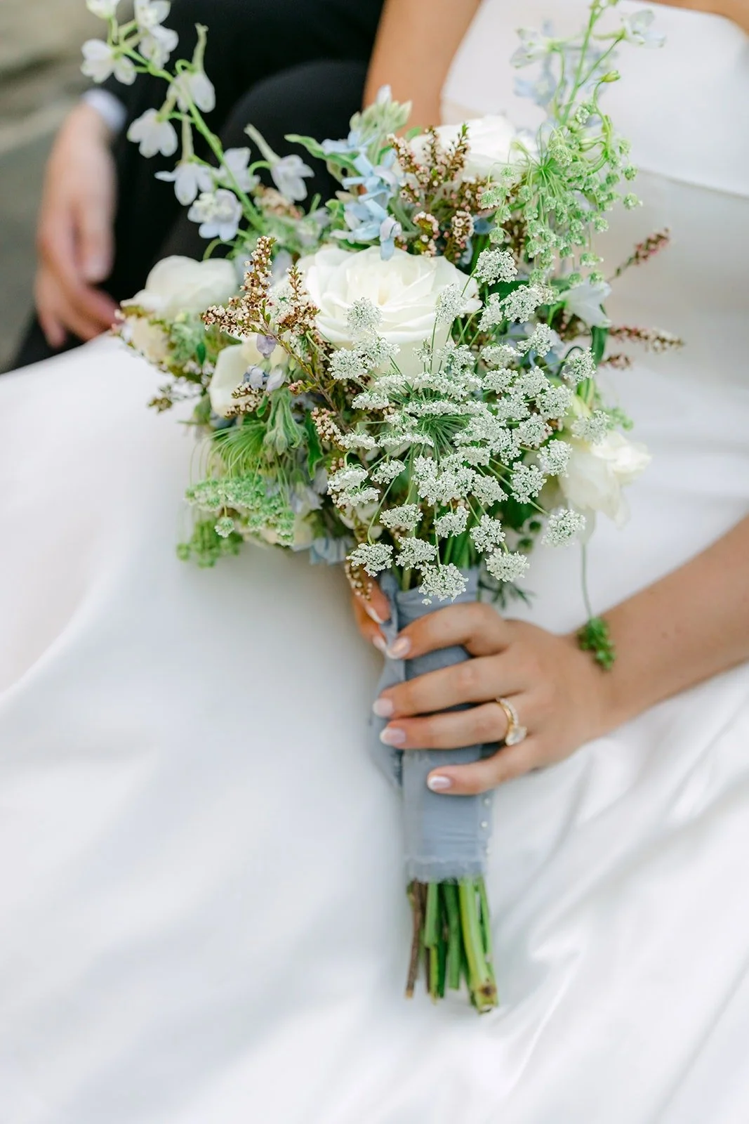 Close up of Brianna's bouquet with dusty blue ribbon