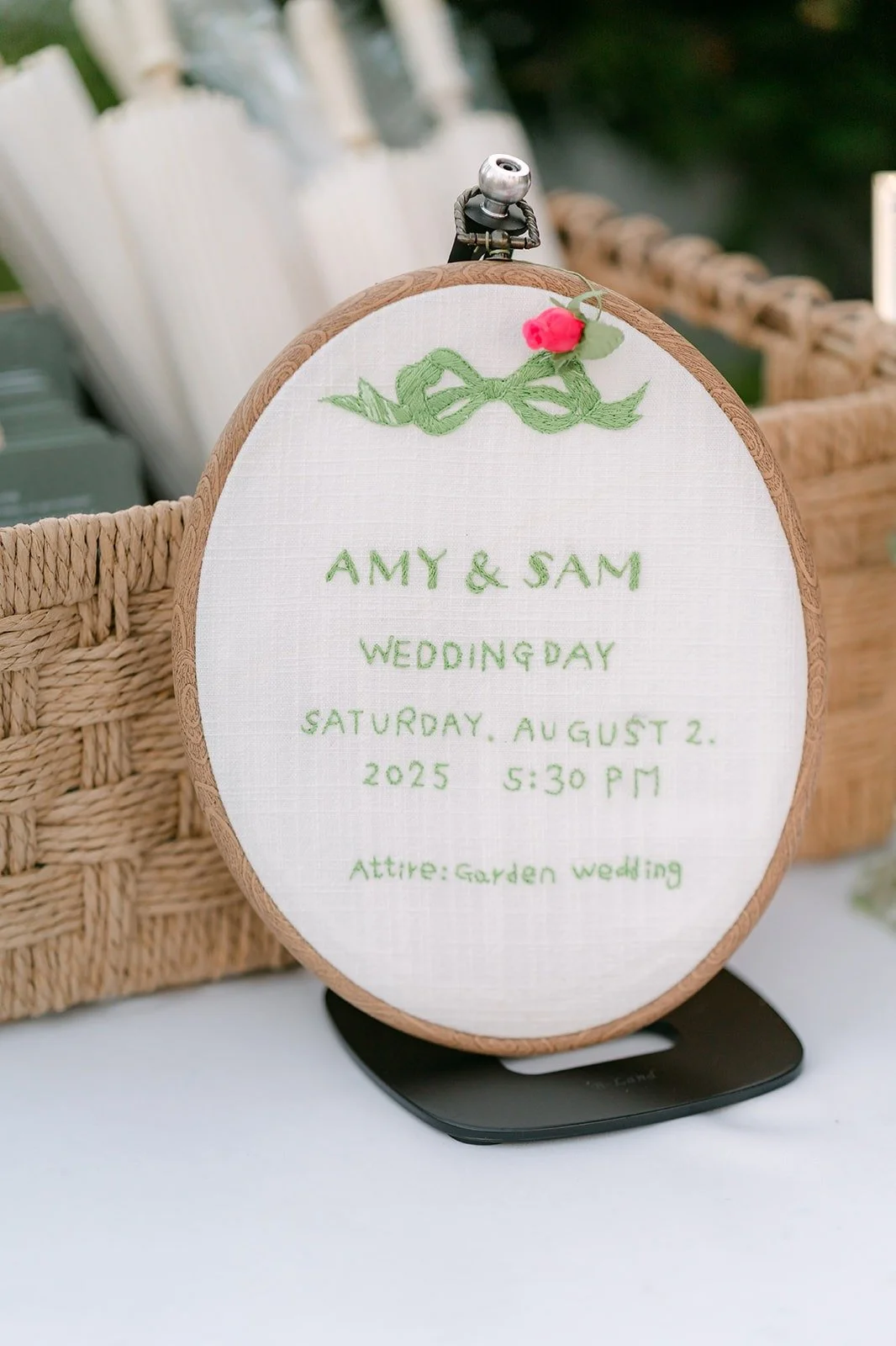 Amy and Sam's wedding day sign on the welcome table