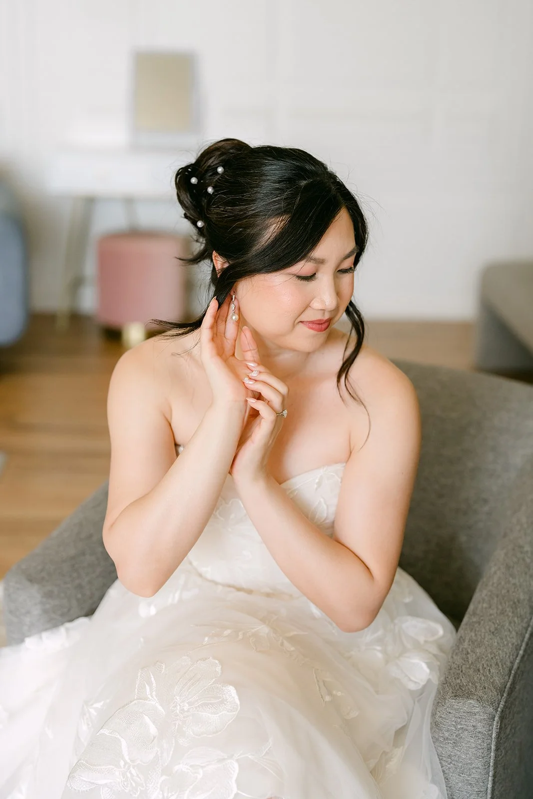 Mary smiling in the bridal suite