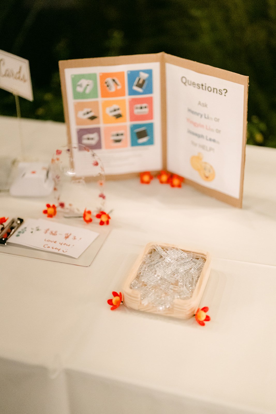 Illustrated cards on display at the reception.