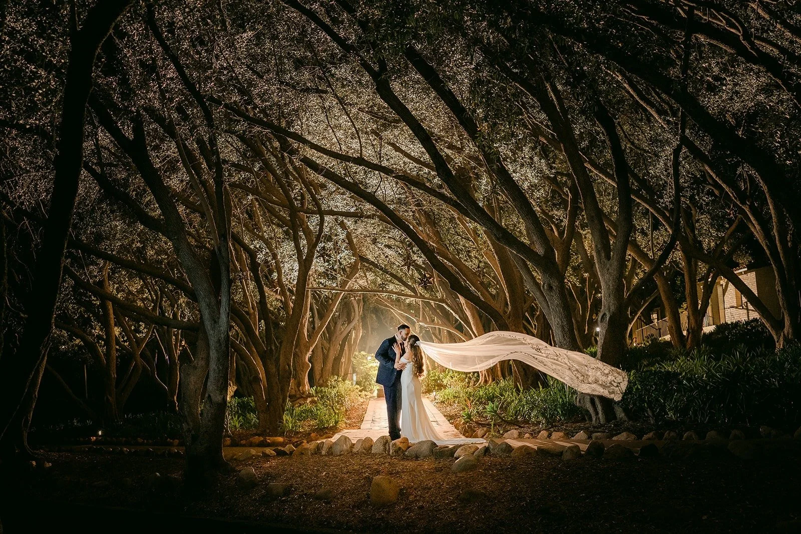 Mariana's veil flowing under the trees in a night portrait