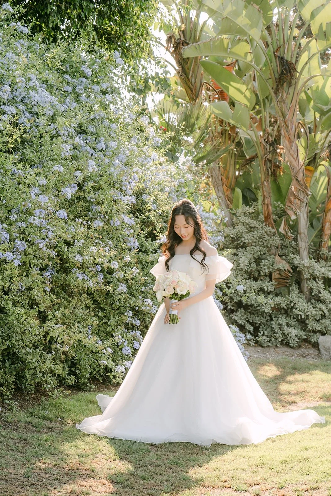 Jeannie waiting in front of the flowering hedge