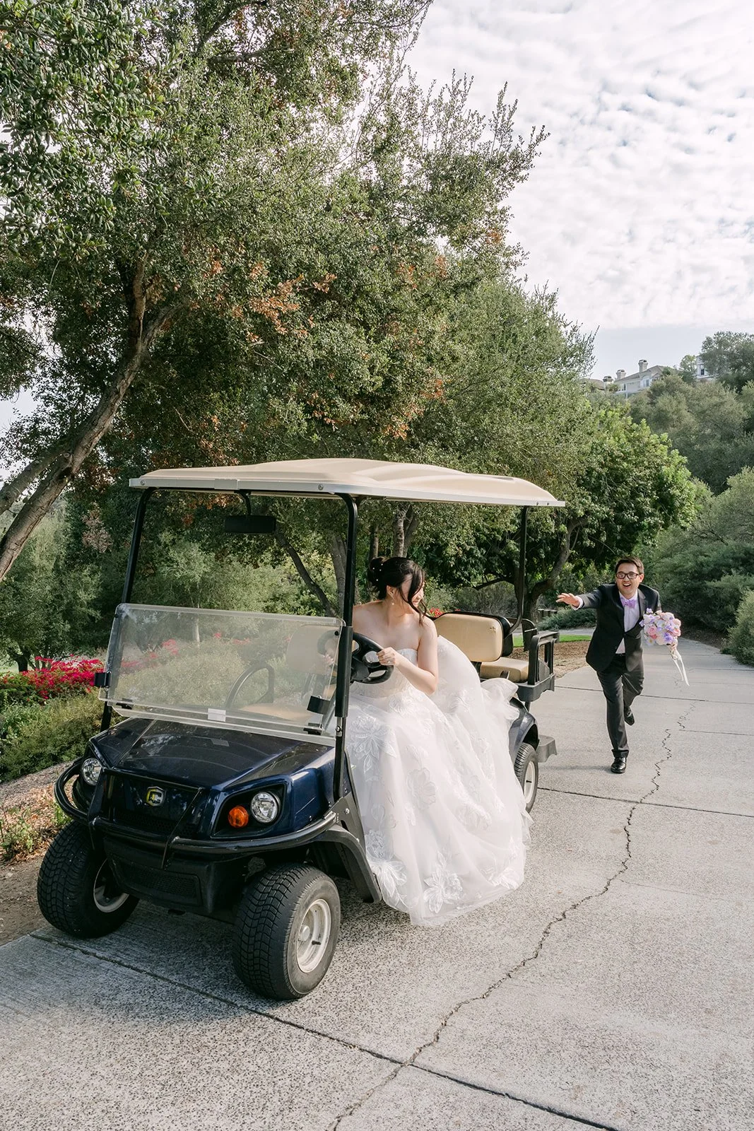 Mary and Patrick arriving by golf cart