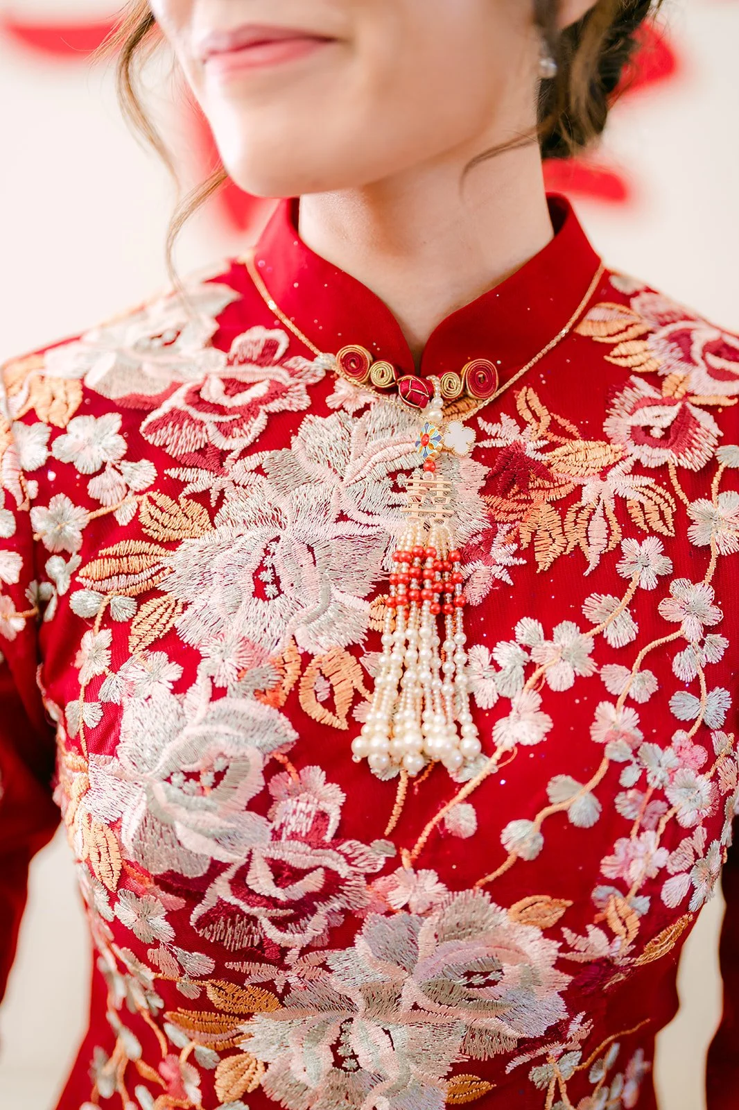 Close up of the floral embroidery on Pauline's qipao.