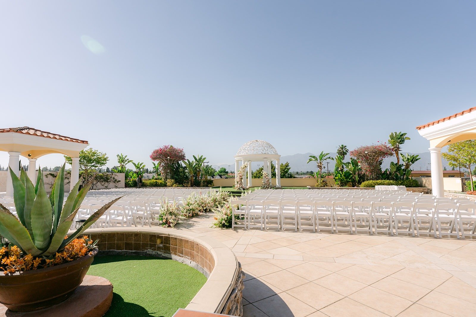 The Garden Terrace ceremony site at Hilton San Gabriel before guests arrive