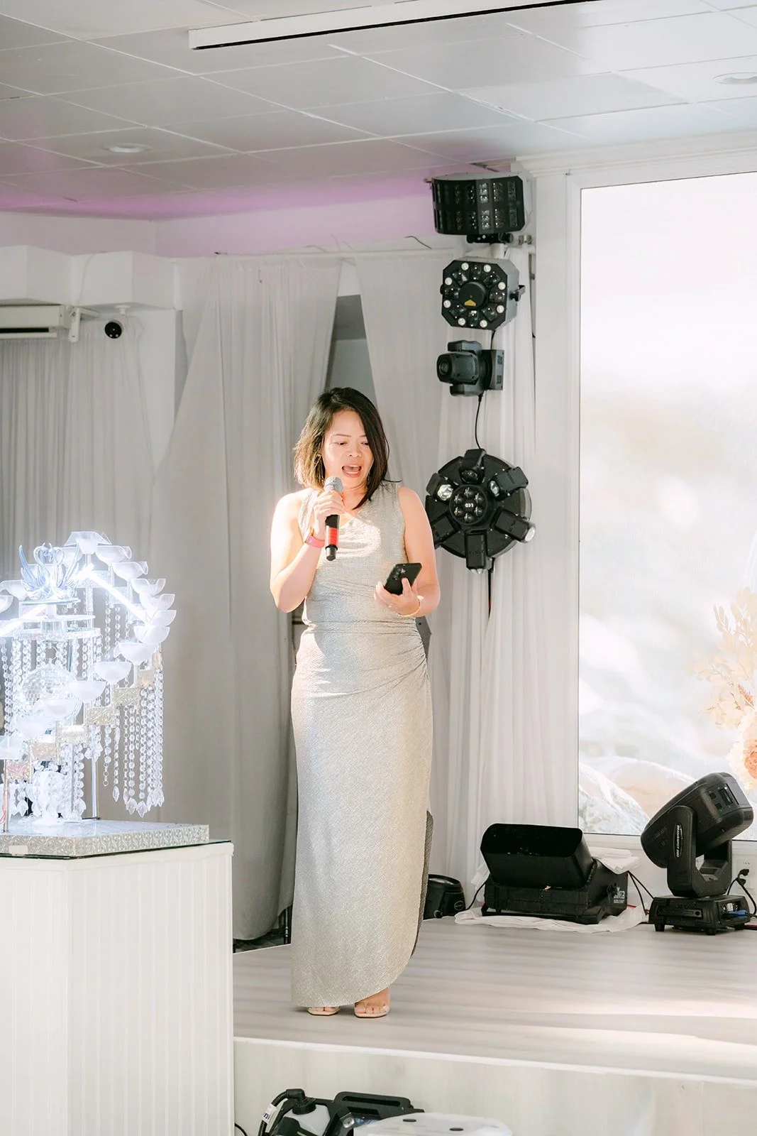 A speech from the stage at the Diamond Seafood Palace reception