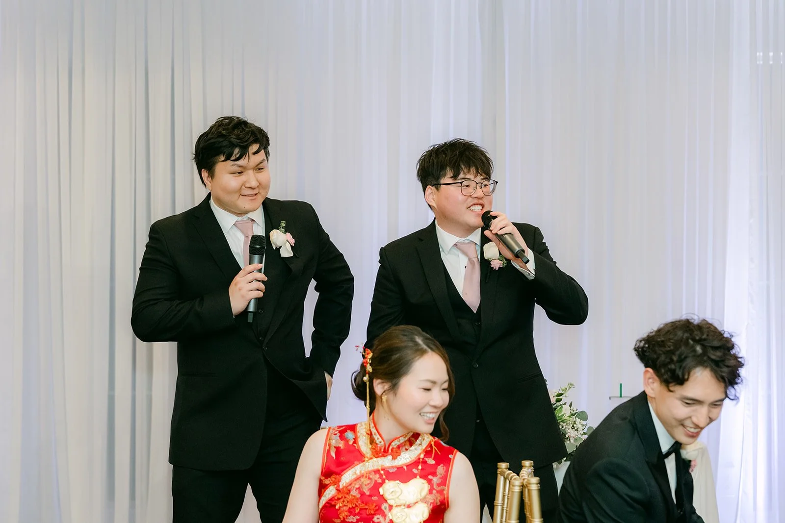 Groomsmen hosting the shoe game with the newlyweds