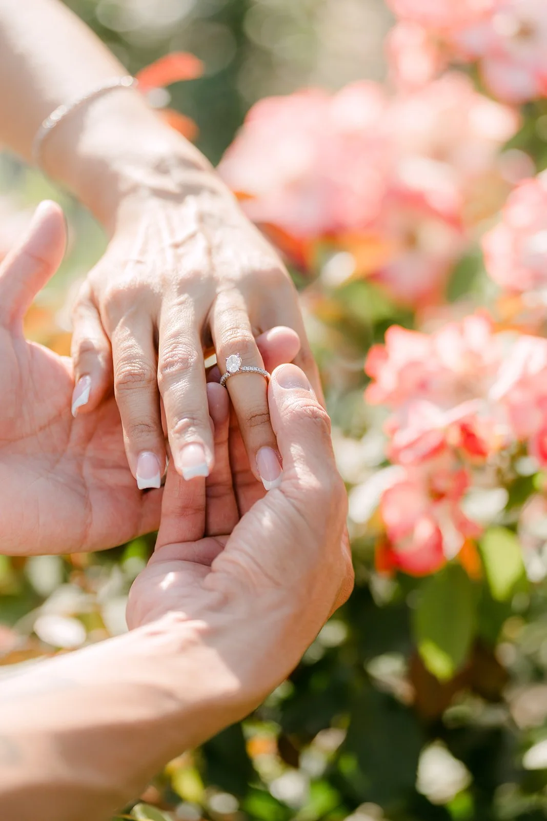 Close-up of Francesca's engagement ring beside pink roses, photographed by One and Only Production.