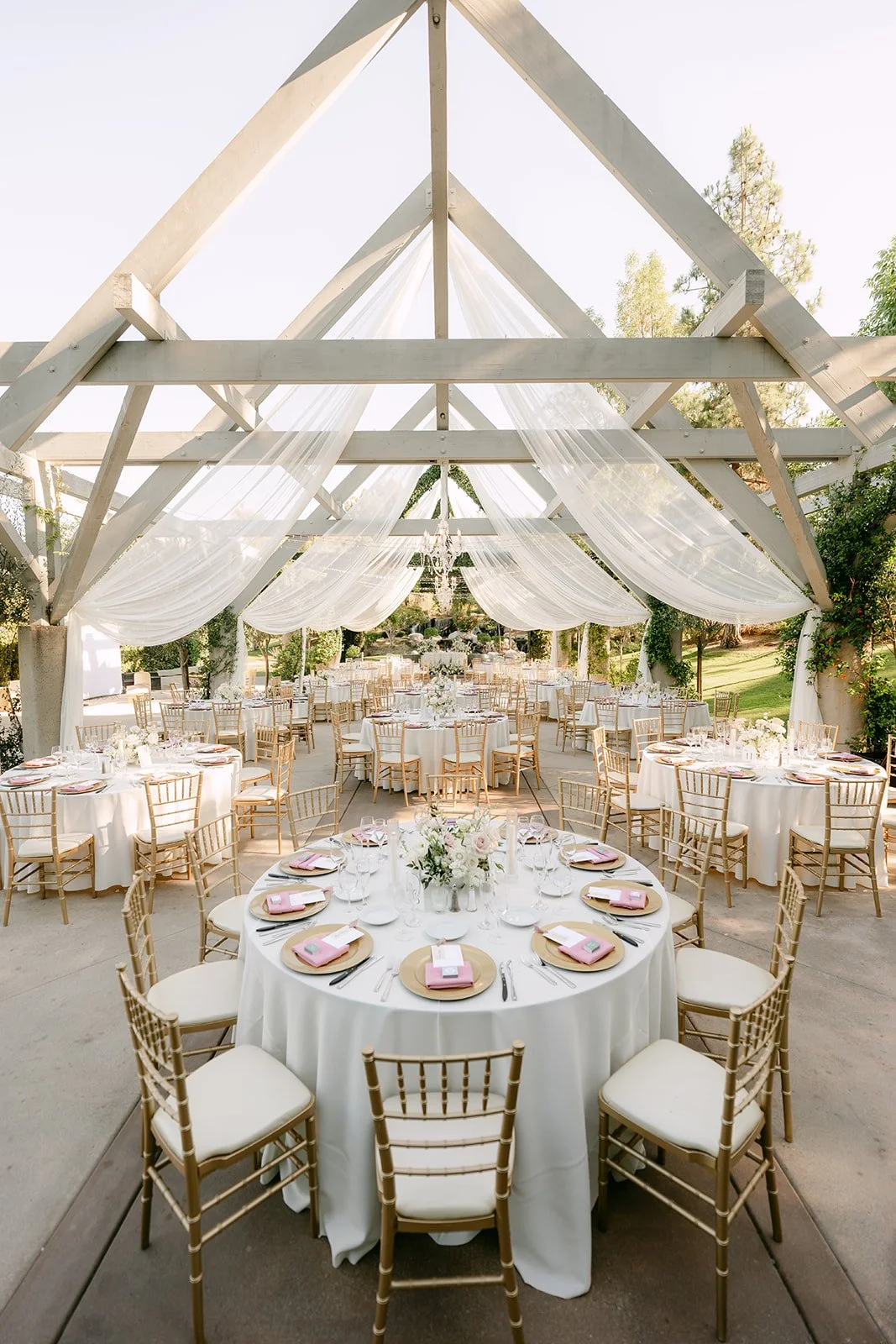 Round reception tables with gold chairs under the draped pergola.