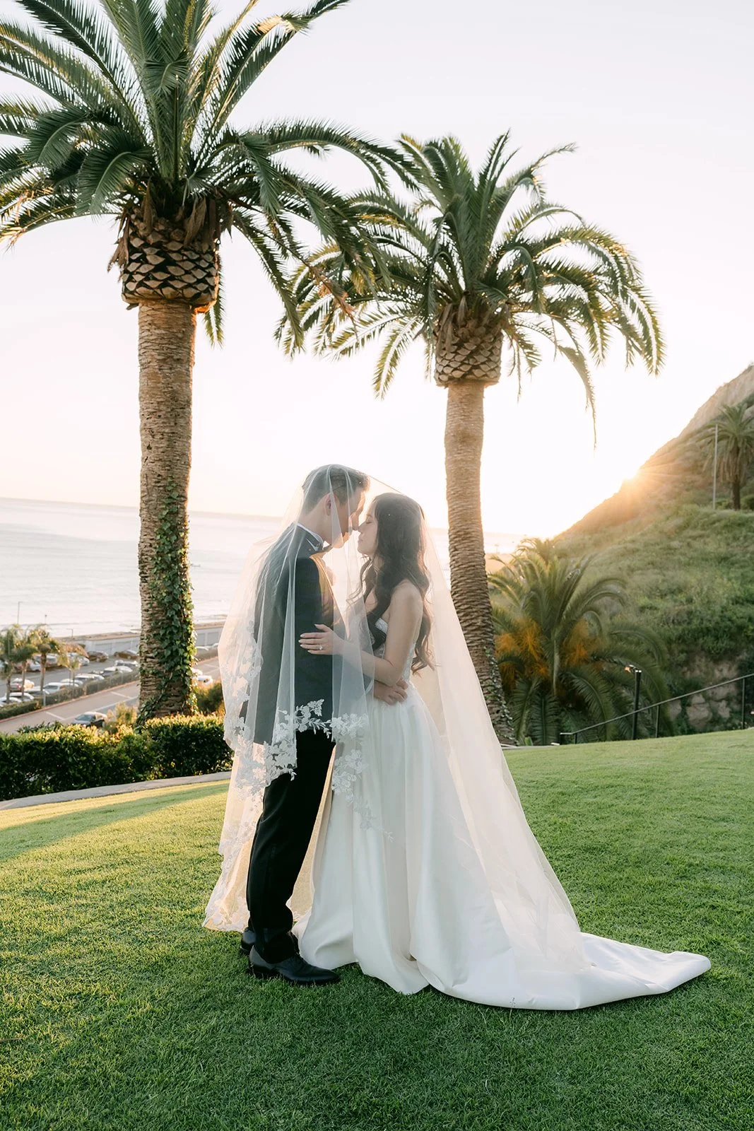 Couple embracing on the lawn under the palms at sunset