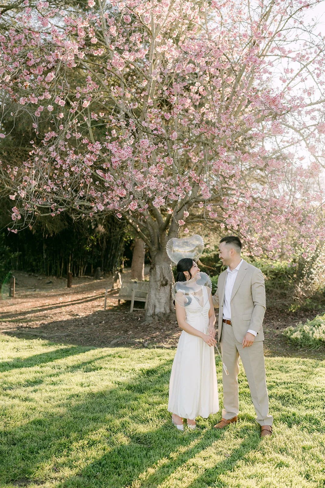 Kim and Vincent on the sunlit lawn beneath trees in full pink bloom.