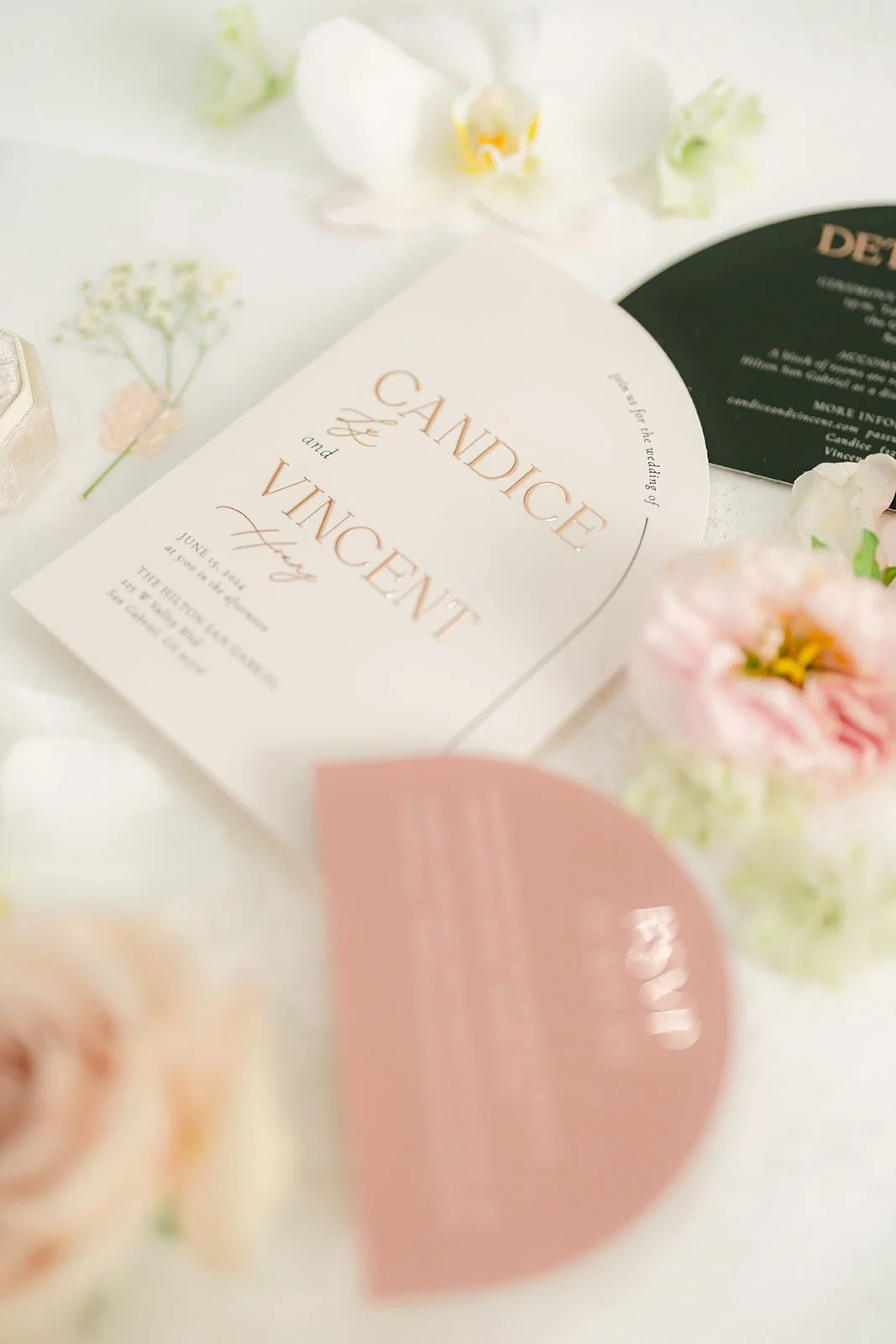 Close up of Candice and Vincent's names on the invitation