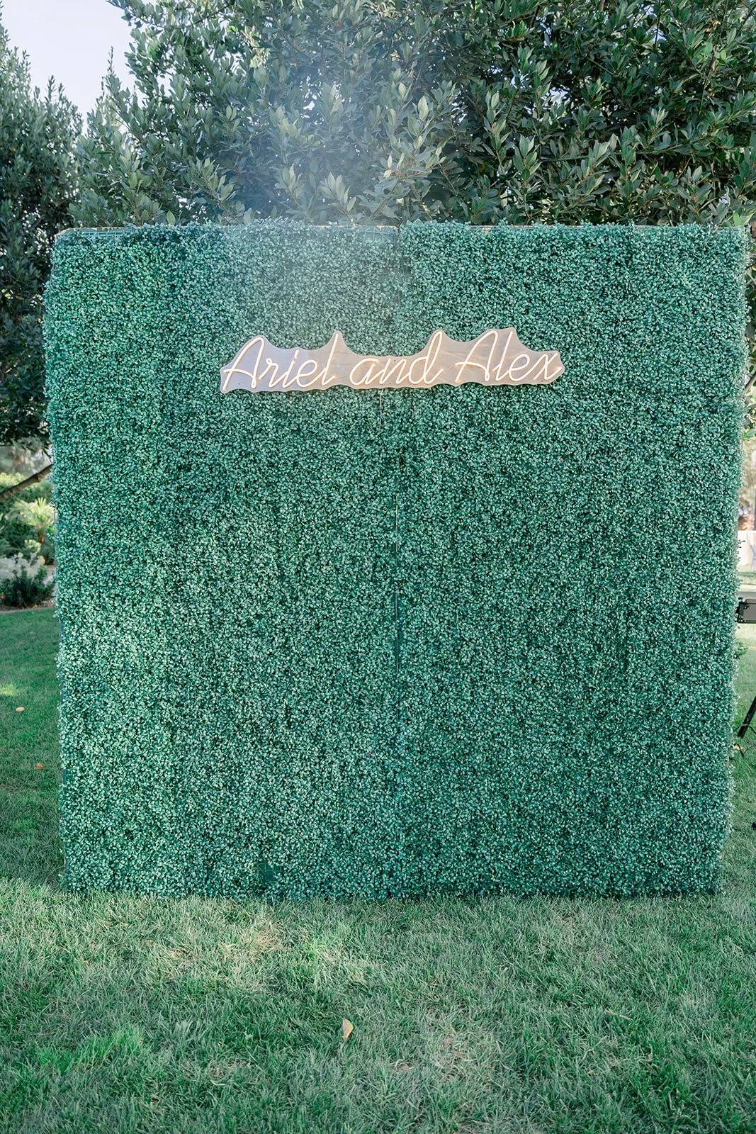 Greenery wall with a neon sign