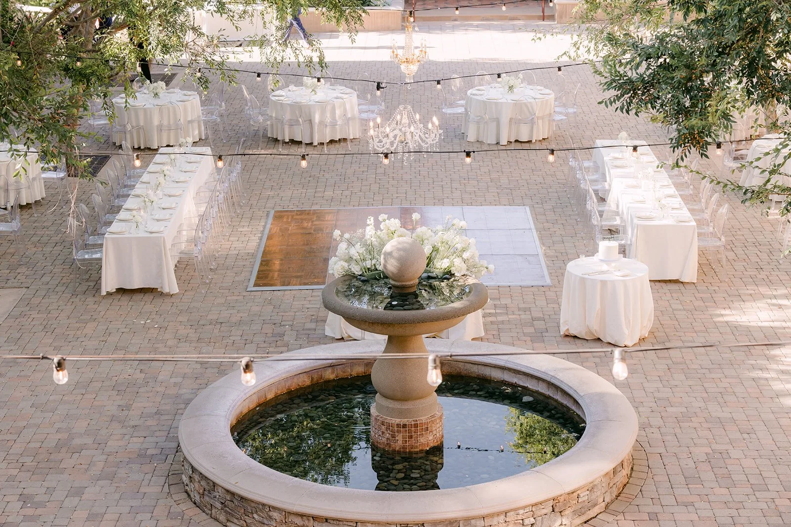 Serra Plaza fountain surrounded by reception tables